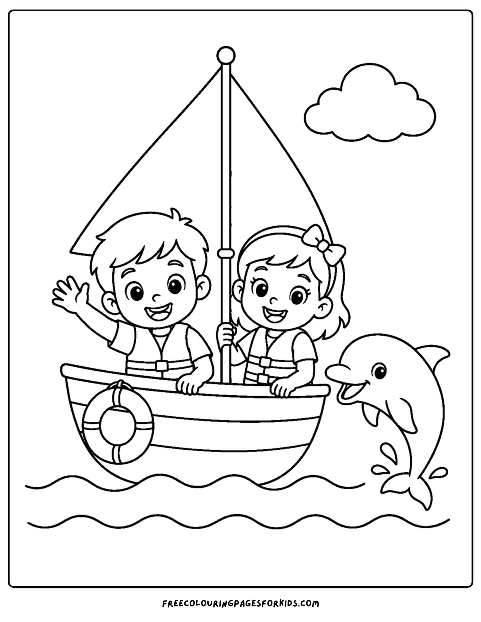 a coloring page of a sailing boat with two kids who see a dolphin in the water