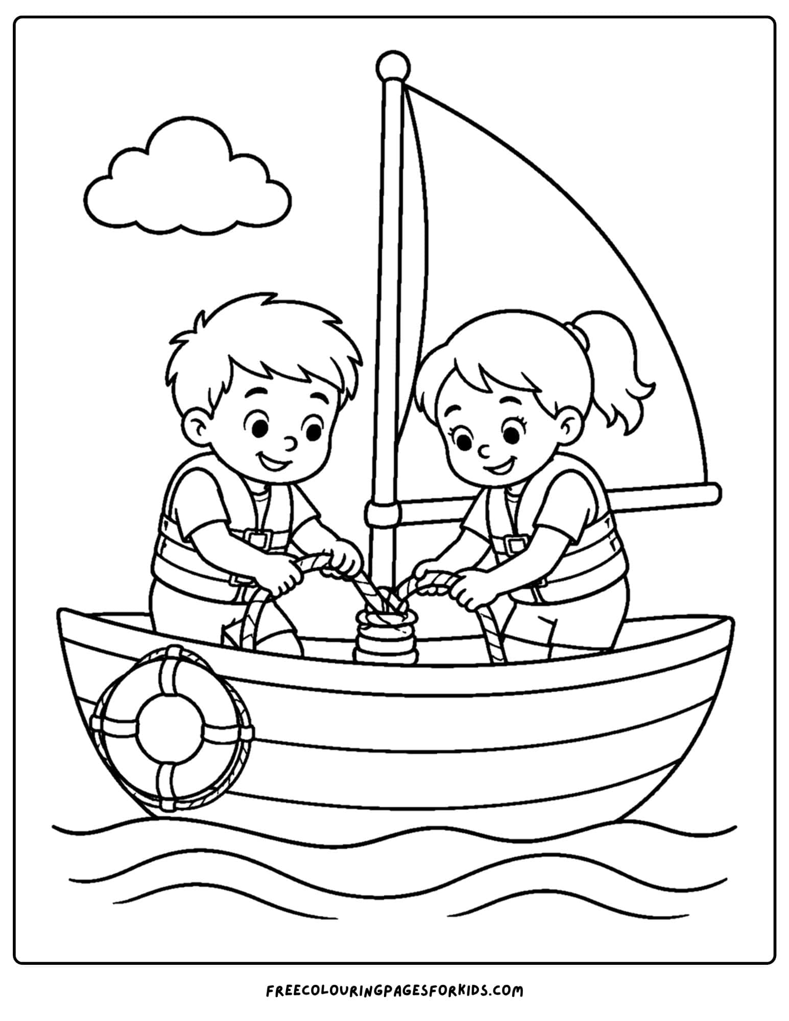 a coloring page of a sailing boat with kids tying the ropes