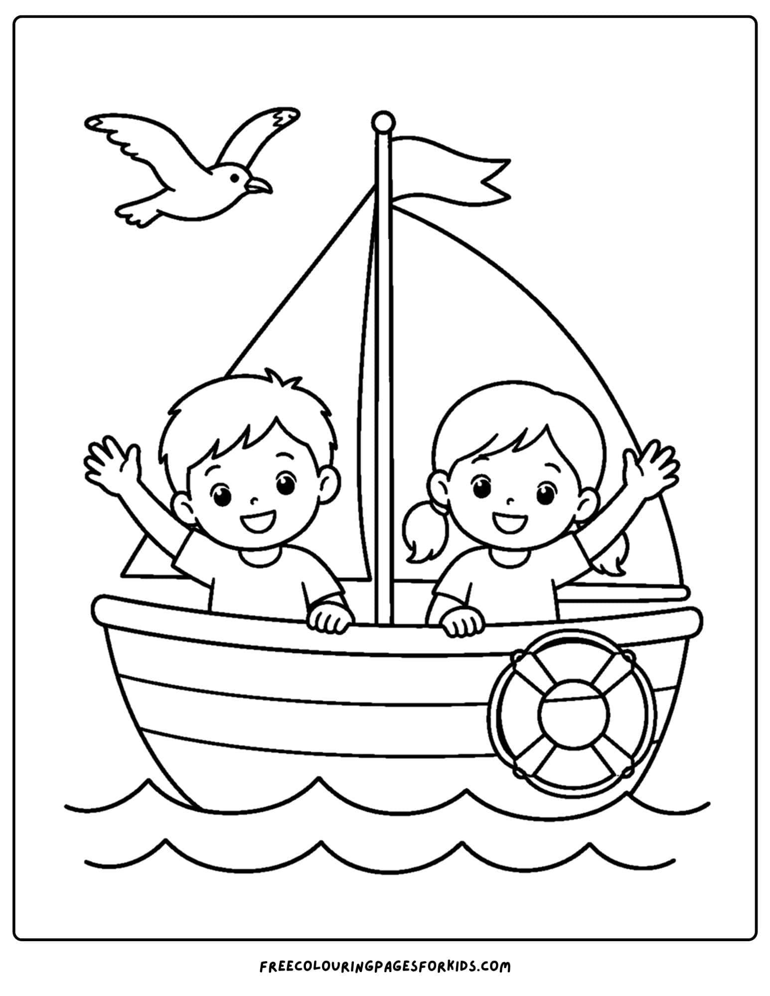 a coloring page of a sailing boat with two kids waving
