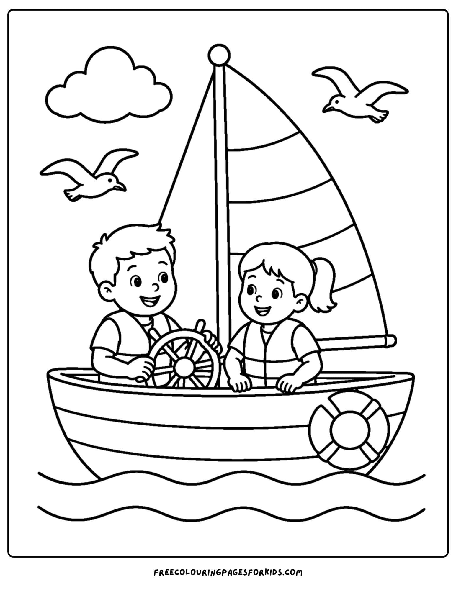 a coloring page of a sailing boat with two kids onboard and seagulls above
