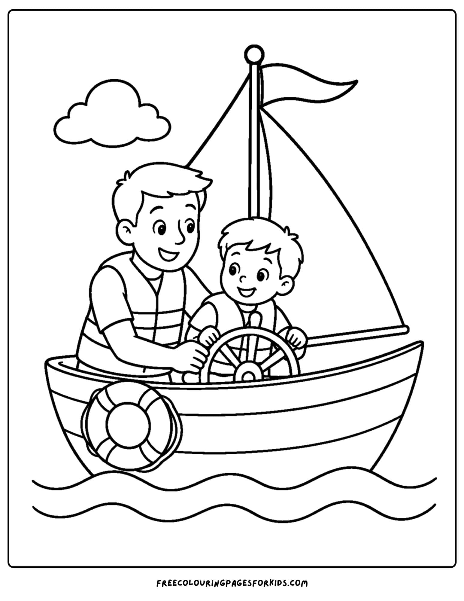 a coloring page of a sailing boat with a parent giving their child a sailing lesson