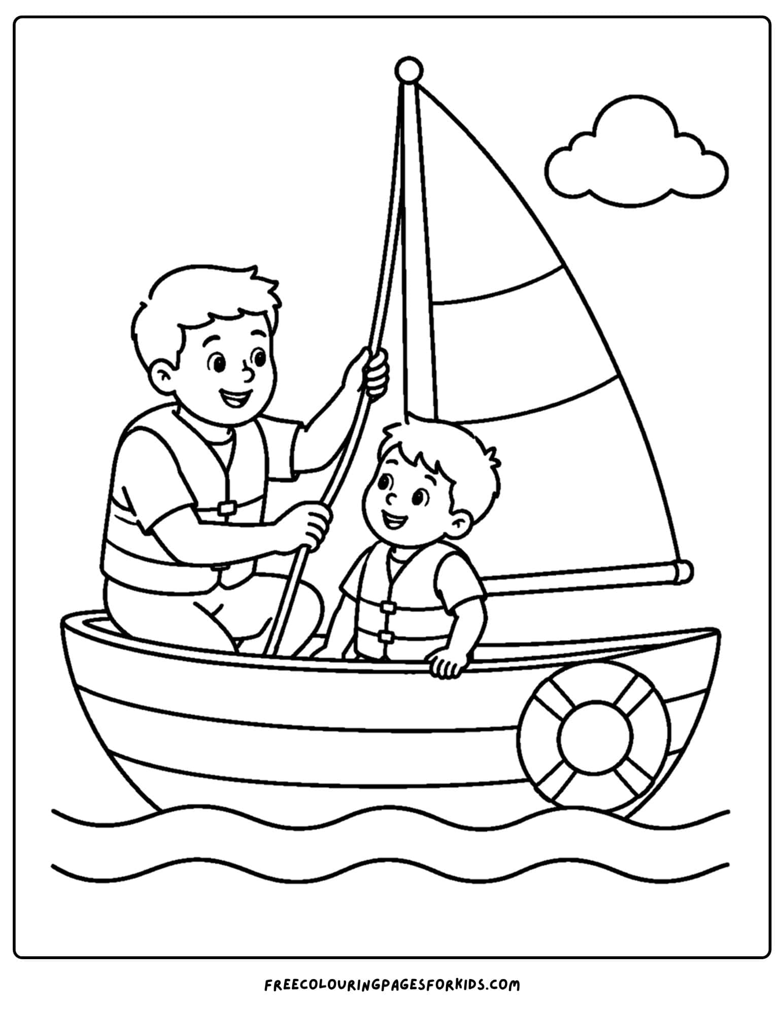 a coloring page of a sailing boat with a parent and child learning to sail