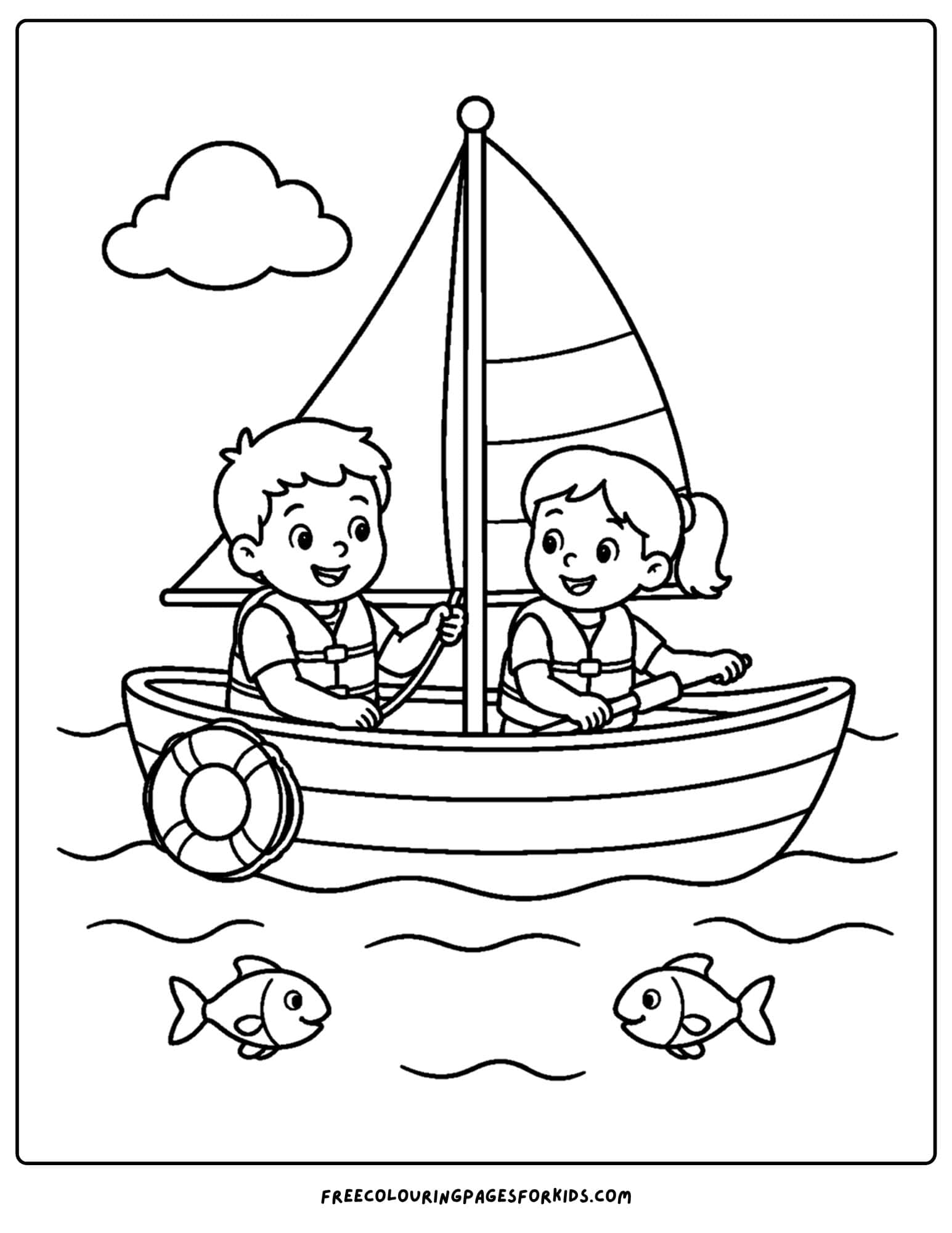 a coloring page of a sailing boat on the water with two kids