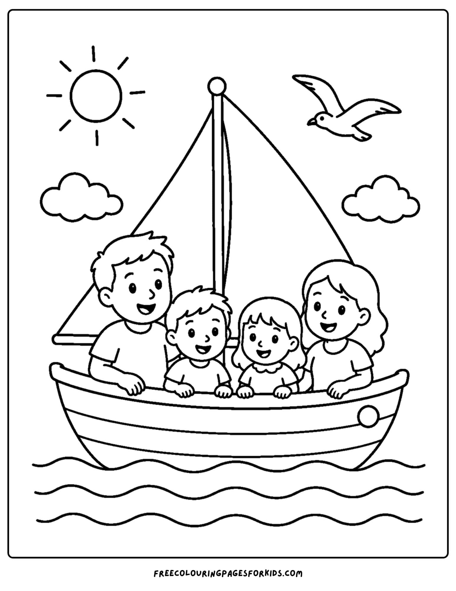 a coloring page of a sailing boat with a family onboard