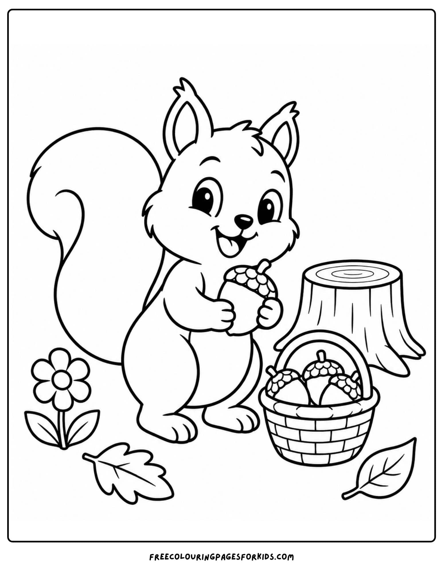 a coloring page of a squirrel collecting acorns into a basket