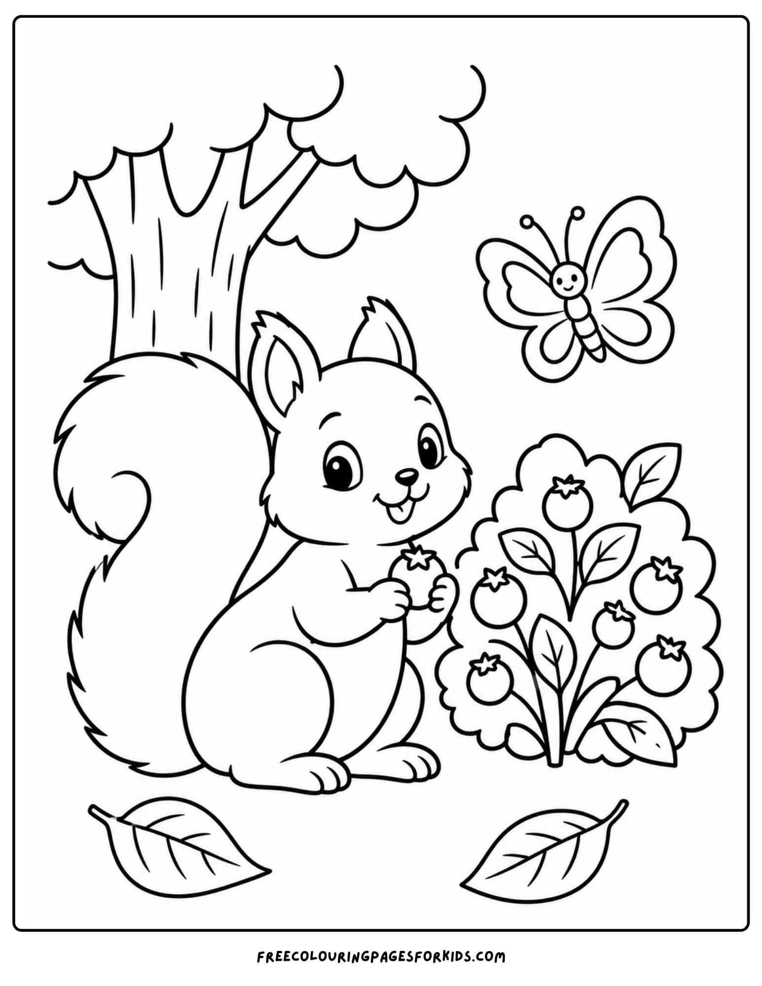 a coloring page of a squirrel beside a berry bush