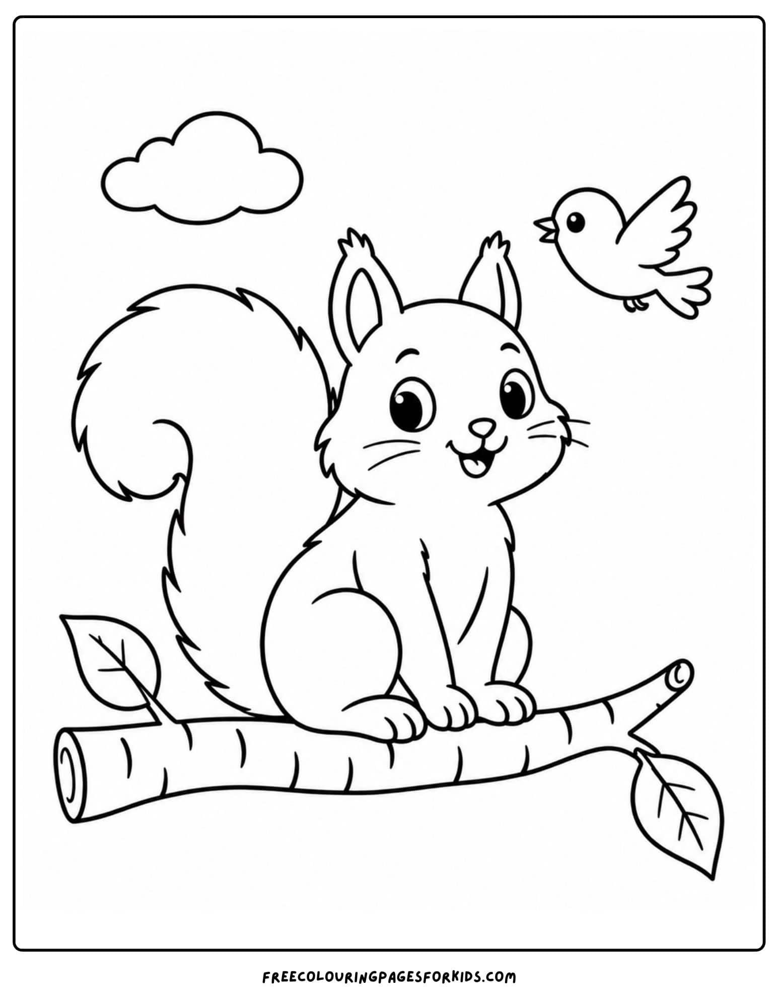 a coloring page of a squirrel sitting on a birch tree branch