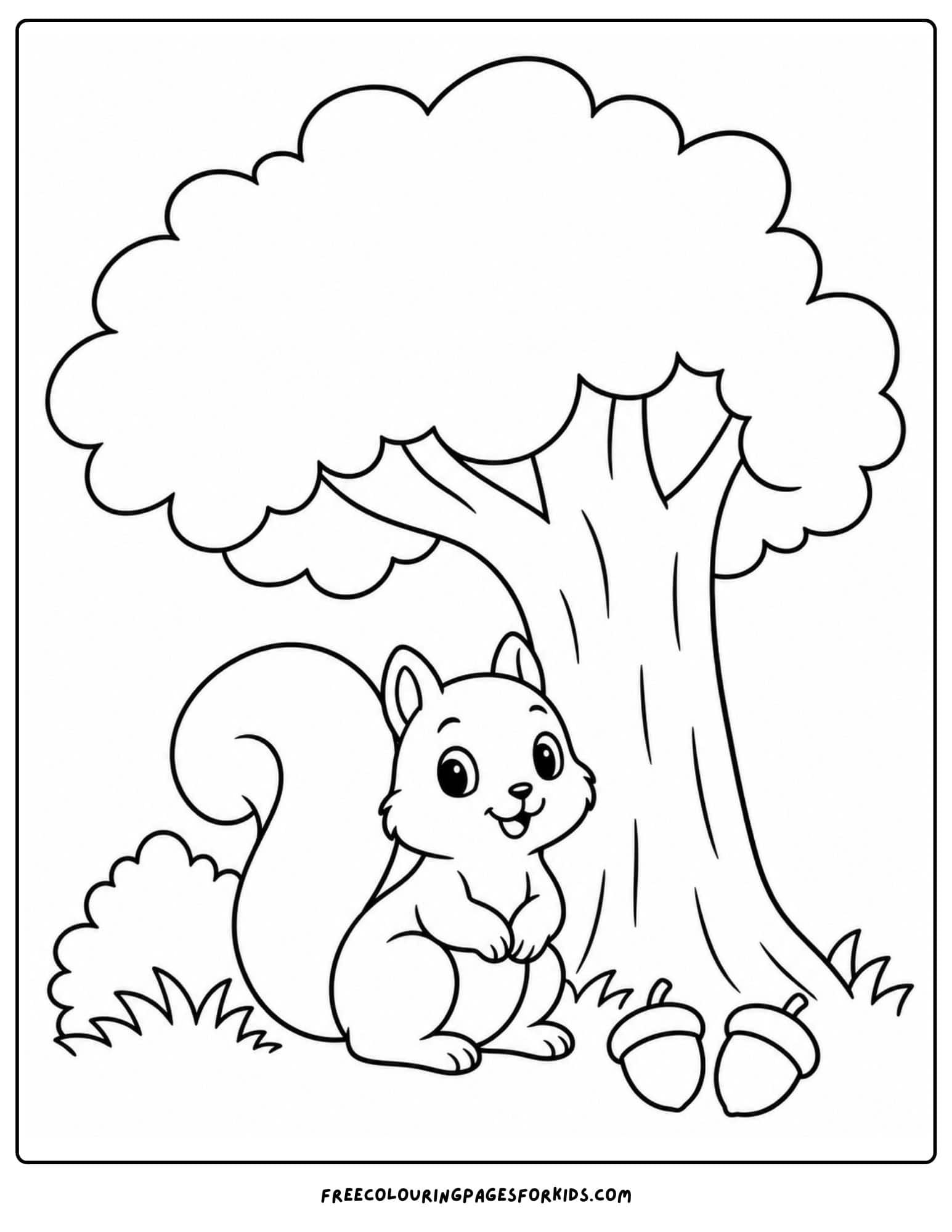a coloring page of a squirrel under a big tree with acorns