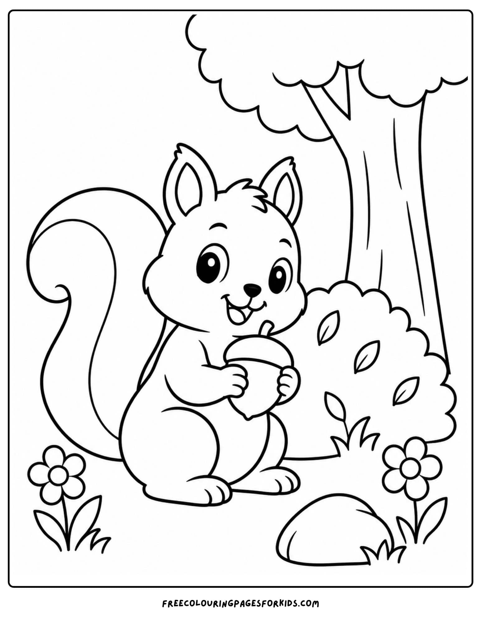 a coloring page of a squirrel beside a bush with an acorn