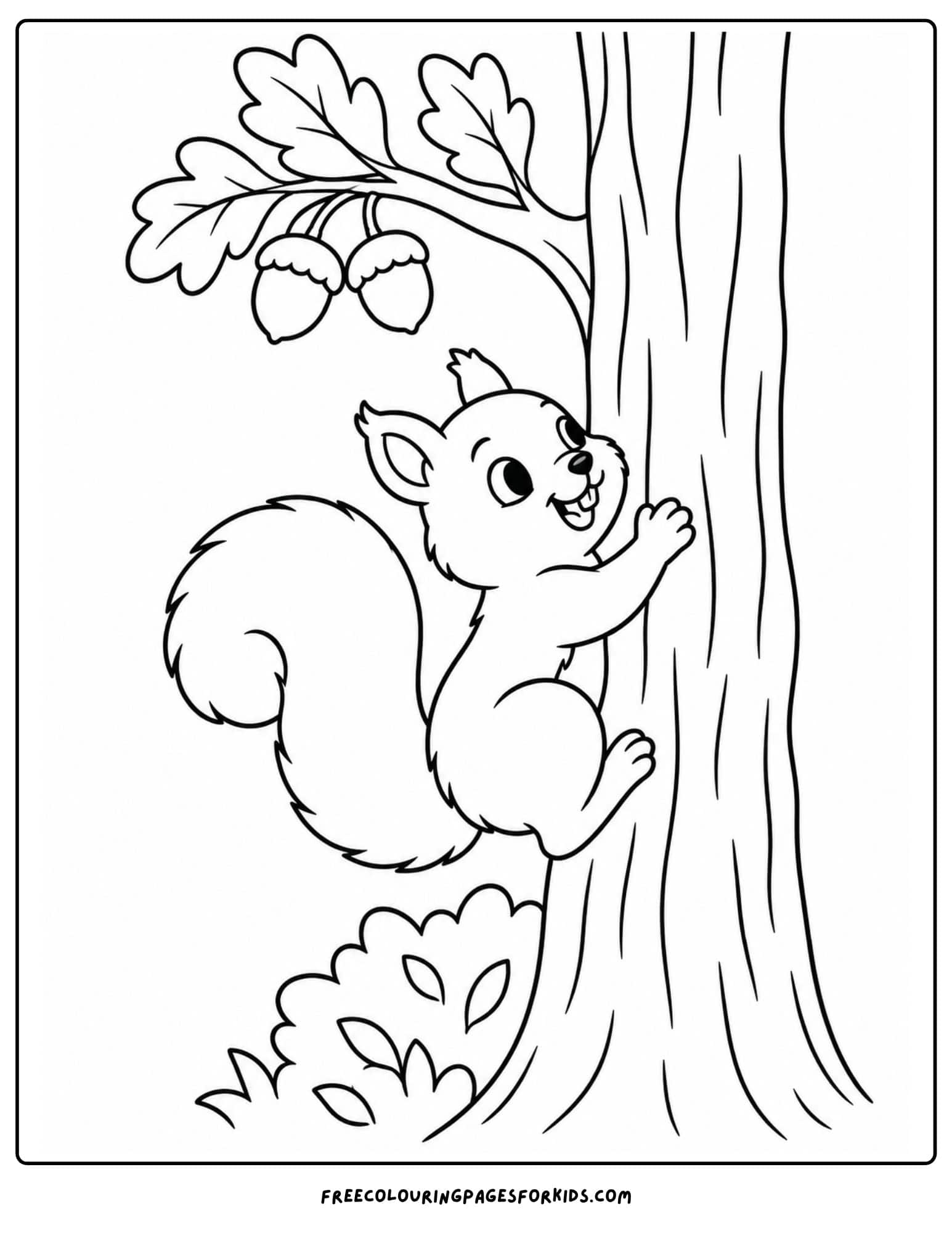 a coloring page of a squirrel climbing a tree