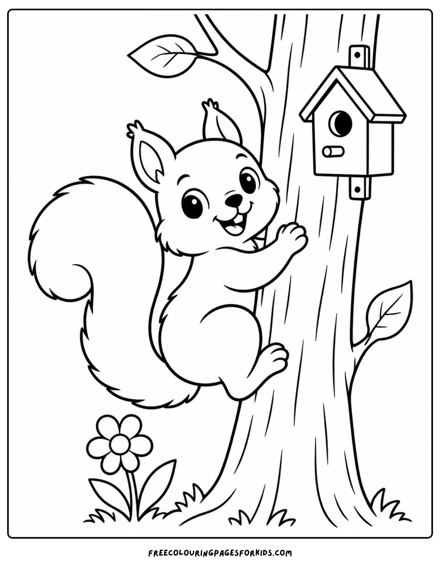 a coloring page of a squirrel climbing a tree that has a birdhouse in it