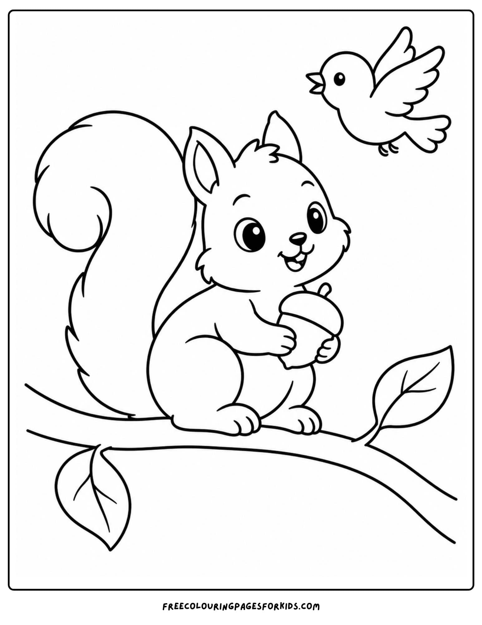 a coloring page of a squirrel sitting on a branch with a bird flying above