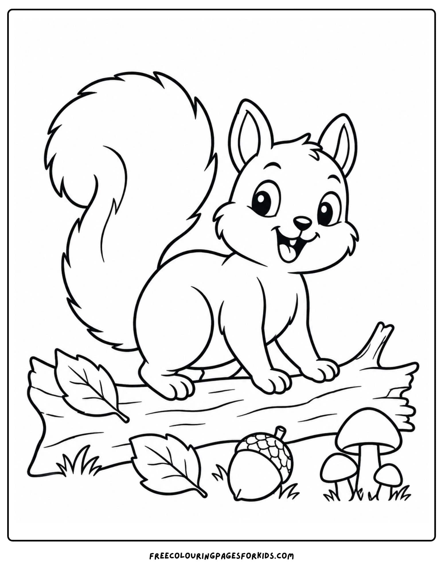 a coloring page of a squirrel climbing over a log