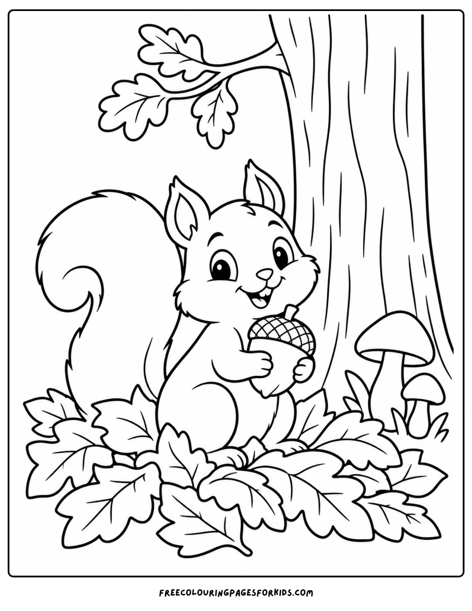 a coloring page of a squirrel in a pile of fallen leaves holding an acorn