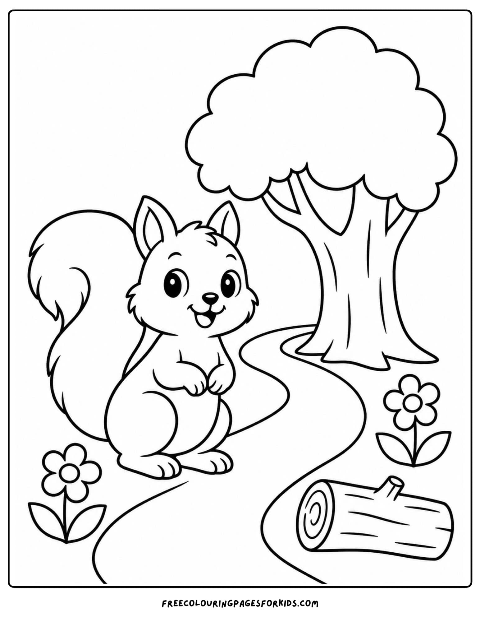 a coloring page of a squirrel following a forest path
