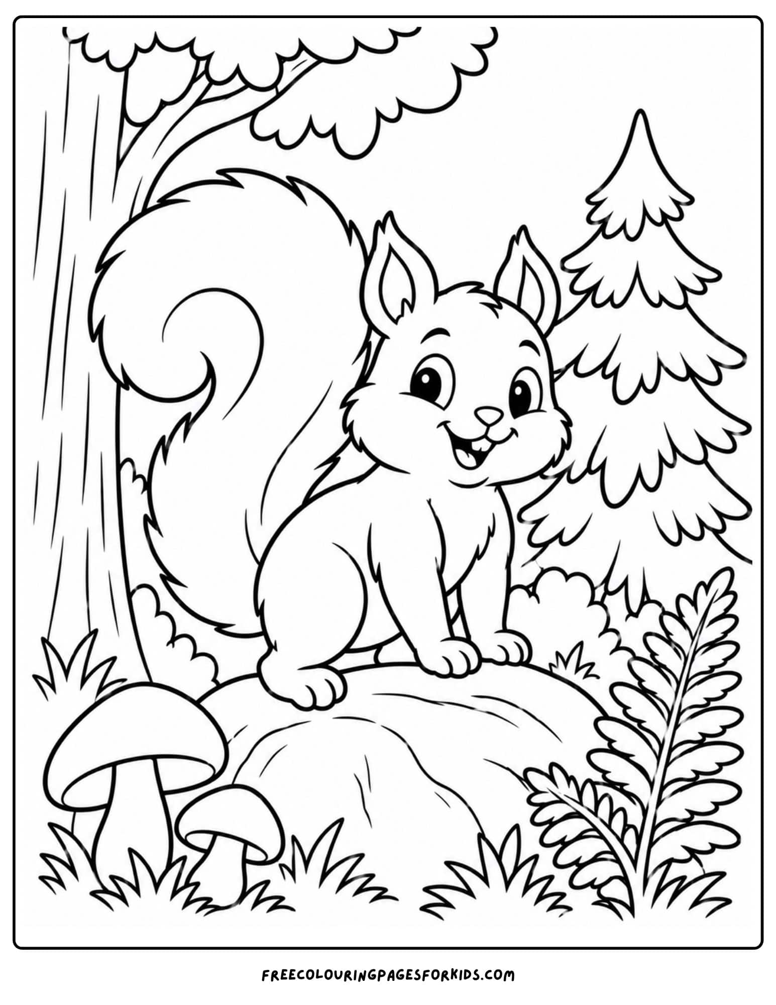 a coloring page of a squirrel in a forest beside a big fern