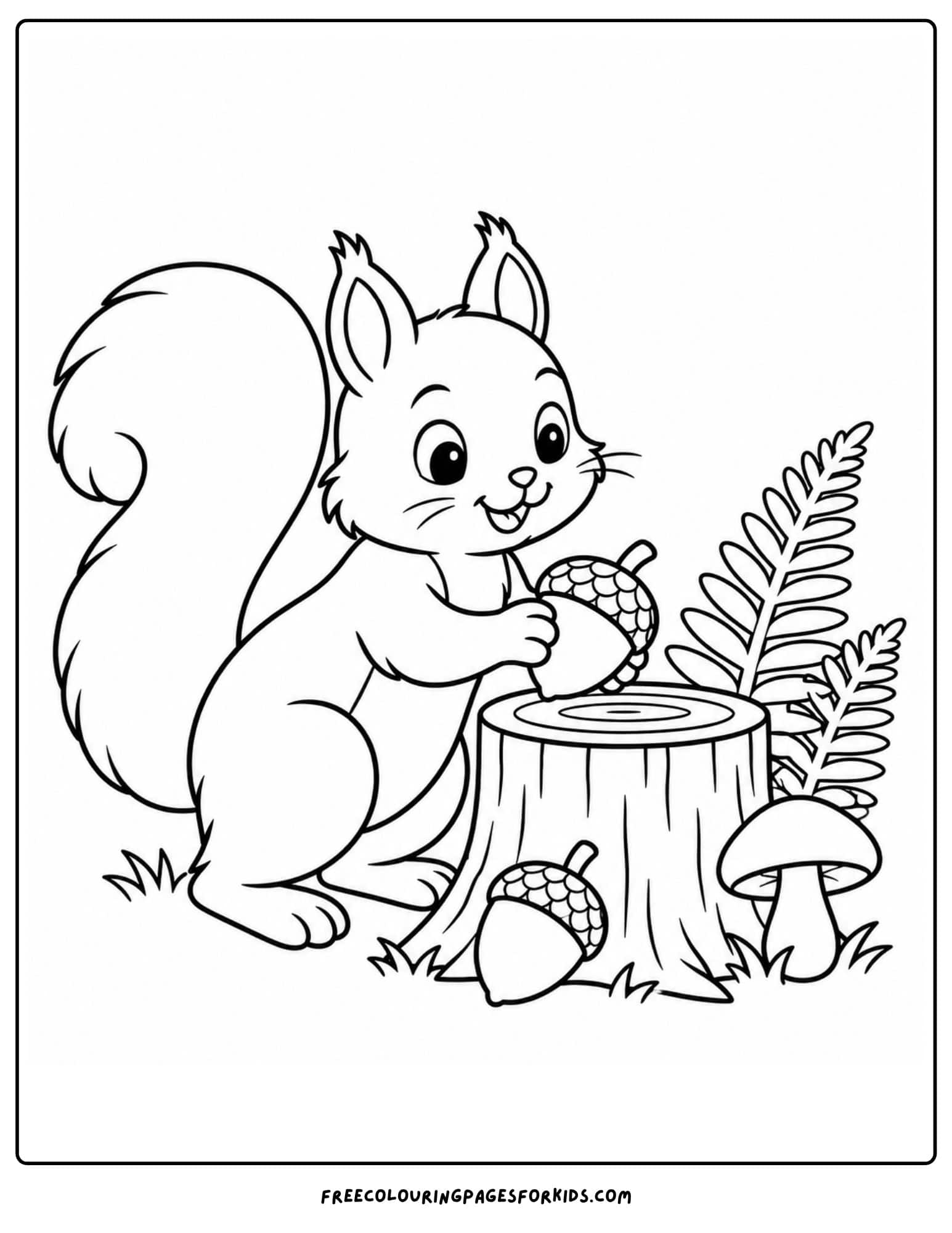 a coloring page of a squirrel collecting acorns