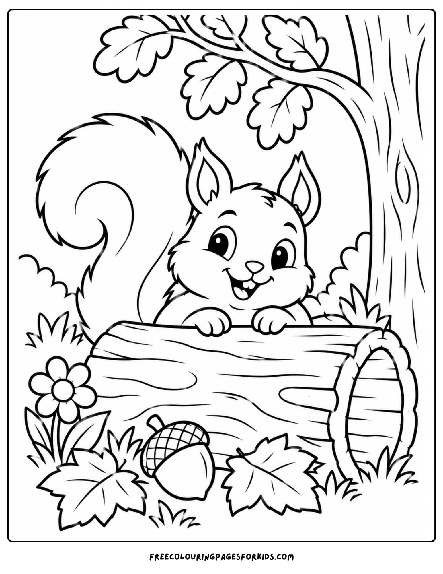 a coloring page of a squirrel hiding behind a hollow log