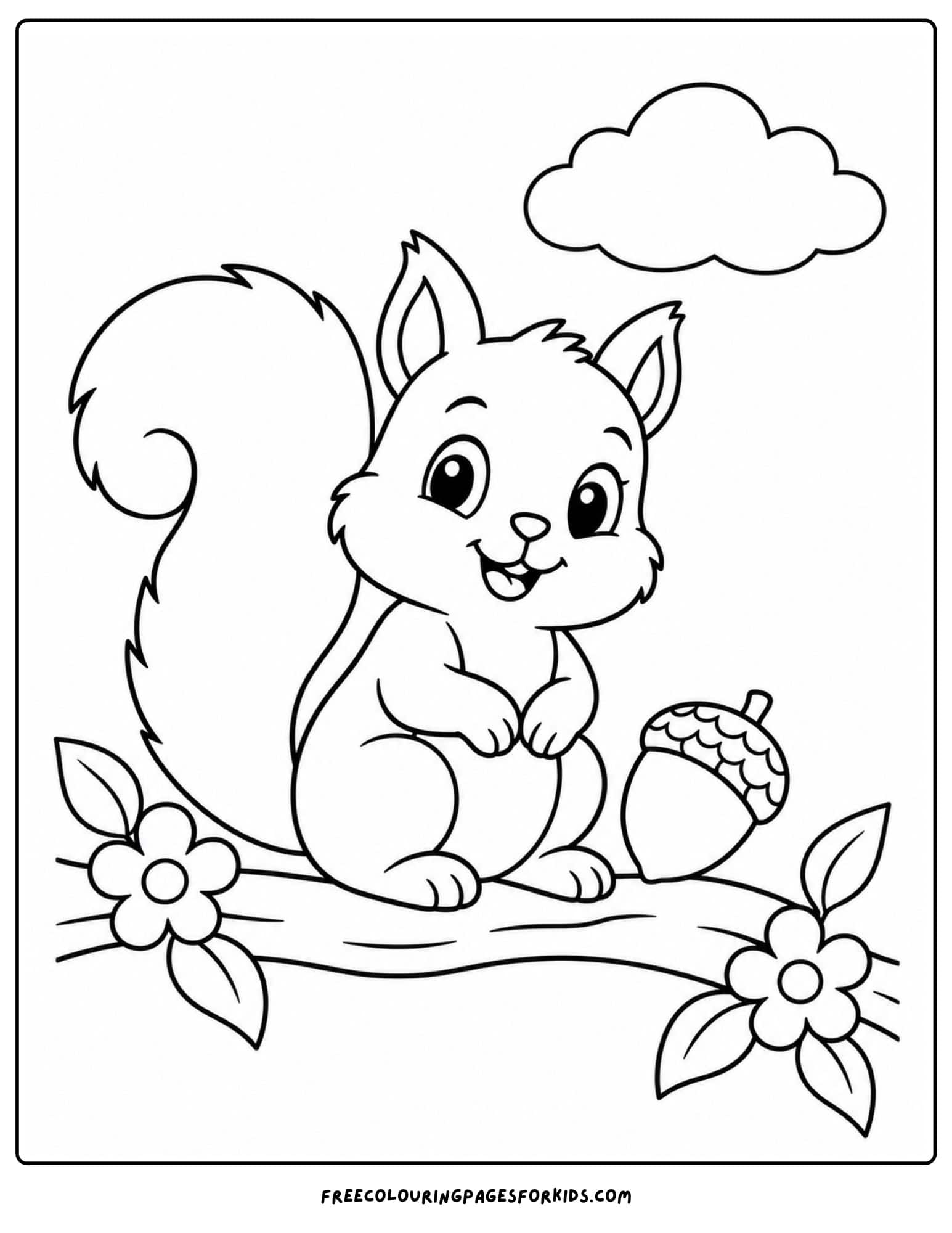 a coloring page of a squirrel sitting on a tree branch with an acorn