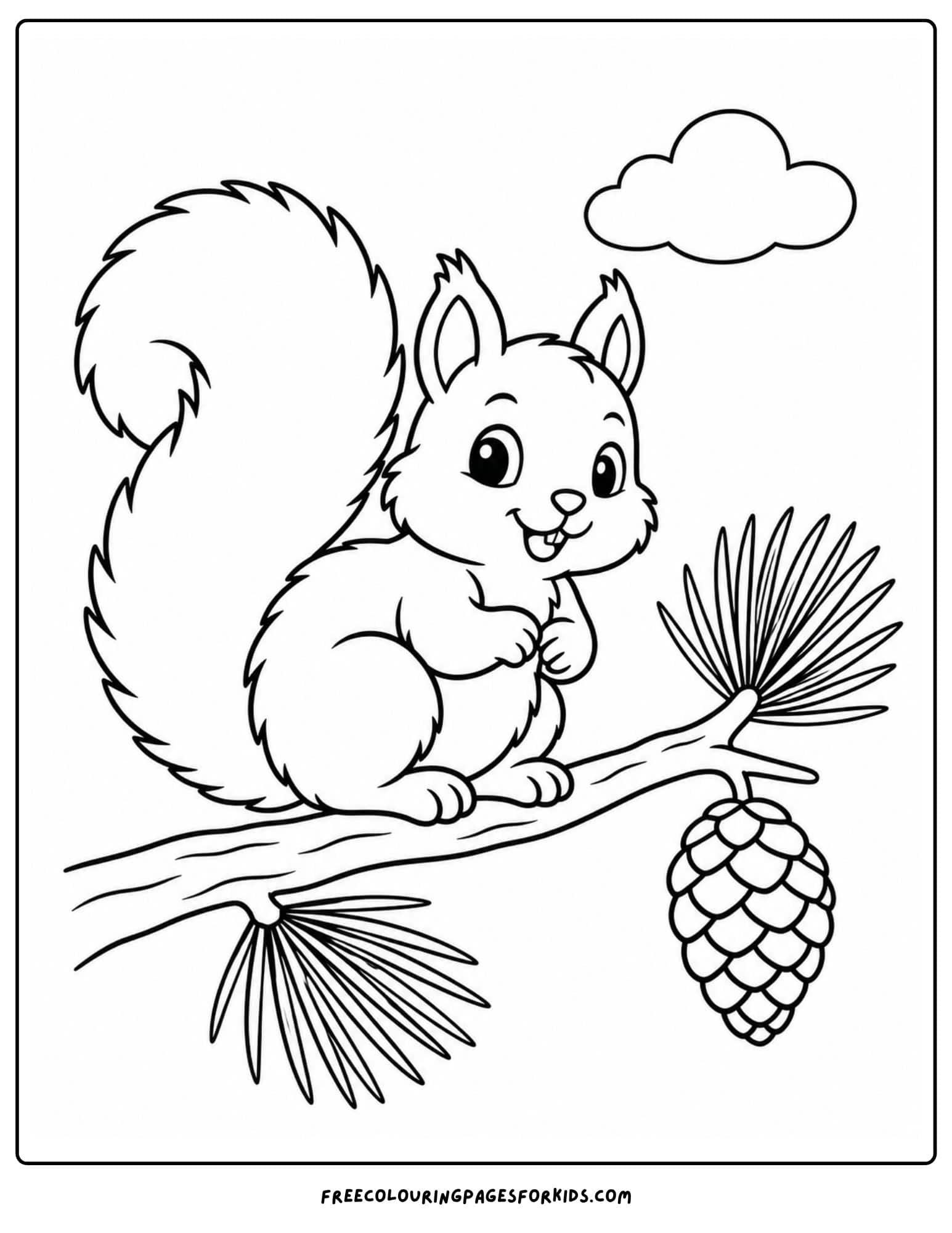 a coloring page of a squirrel on a pine tree branch