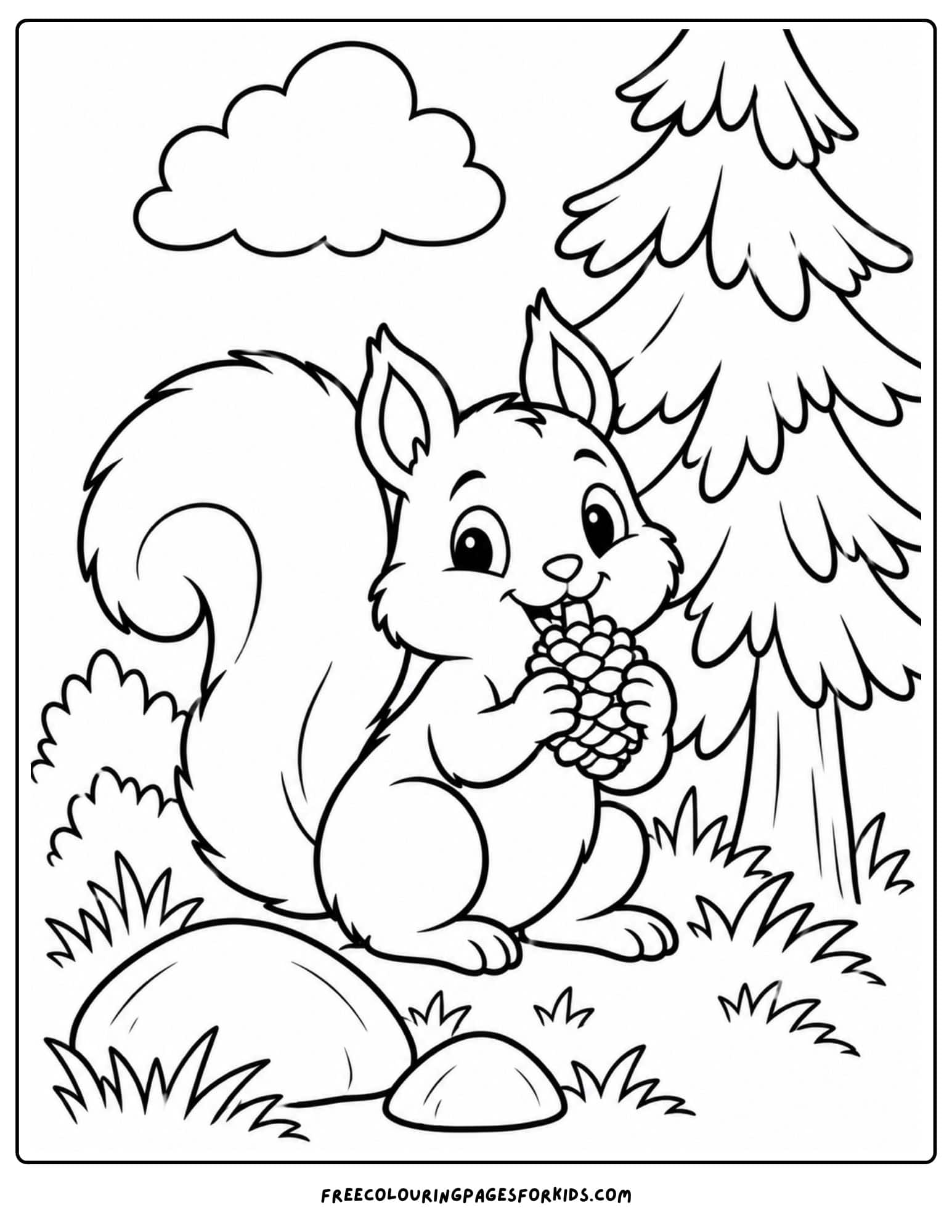 a coloring page of a squirrel holding a pine cone in the woods