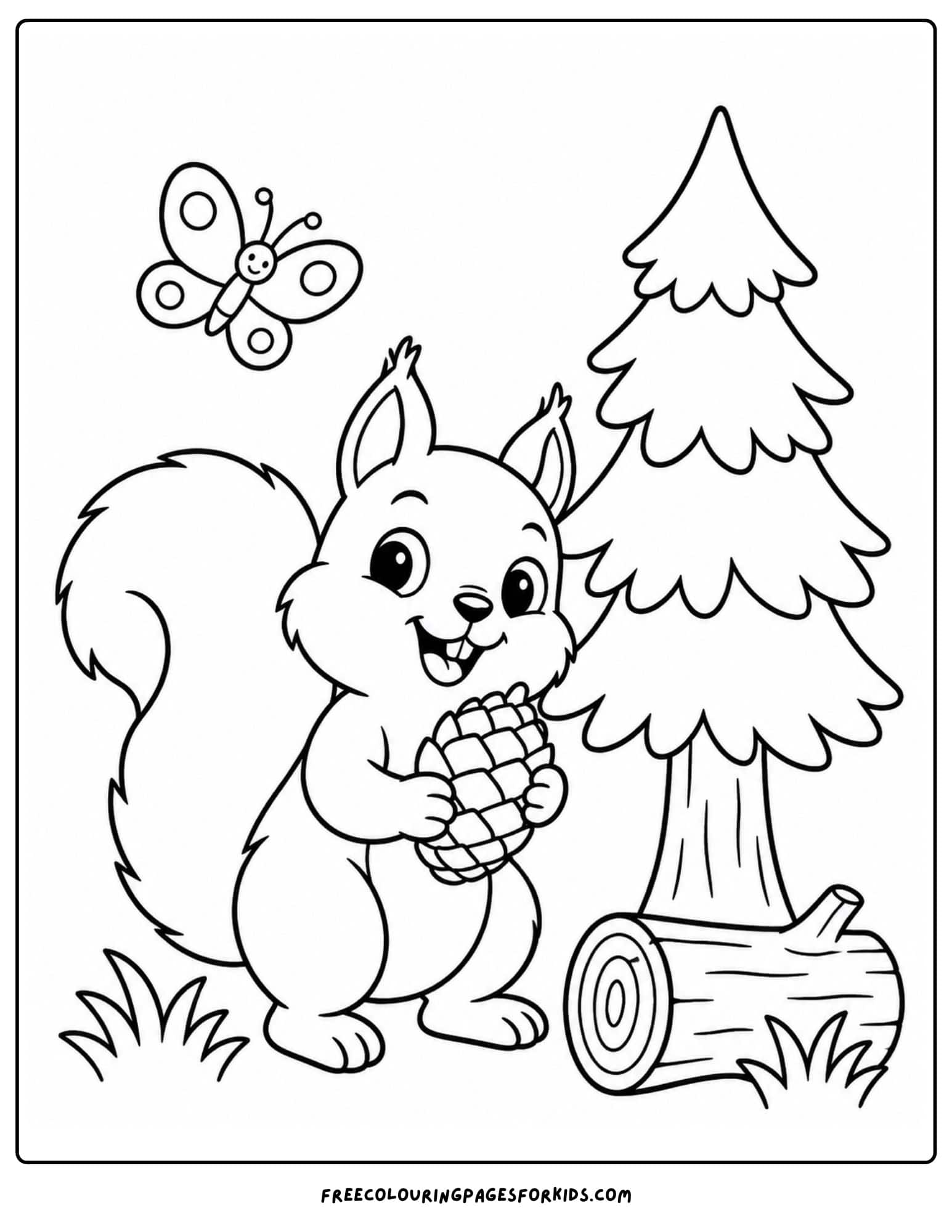 a coloring page of a squirrel holding a pine cone with a log on the ground and a butterfly above