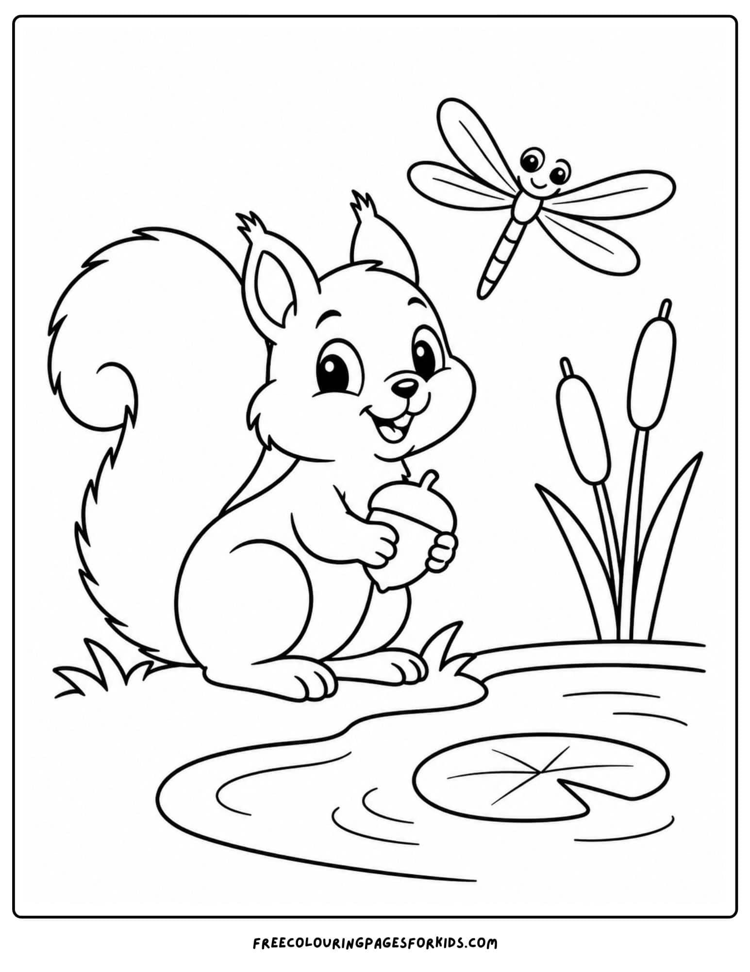 a coloring page of a squirrel sitting beside a pond