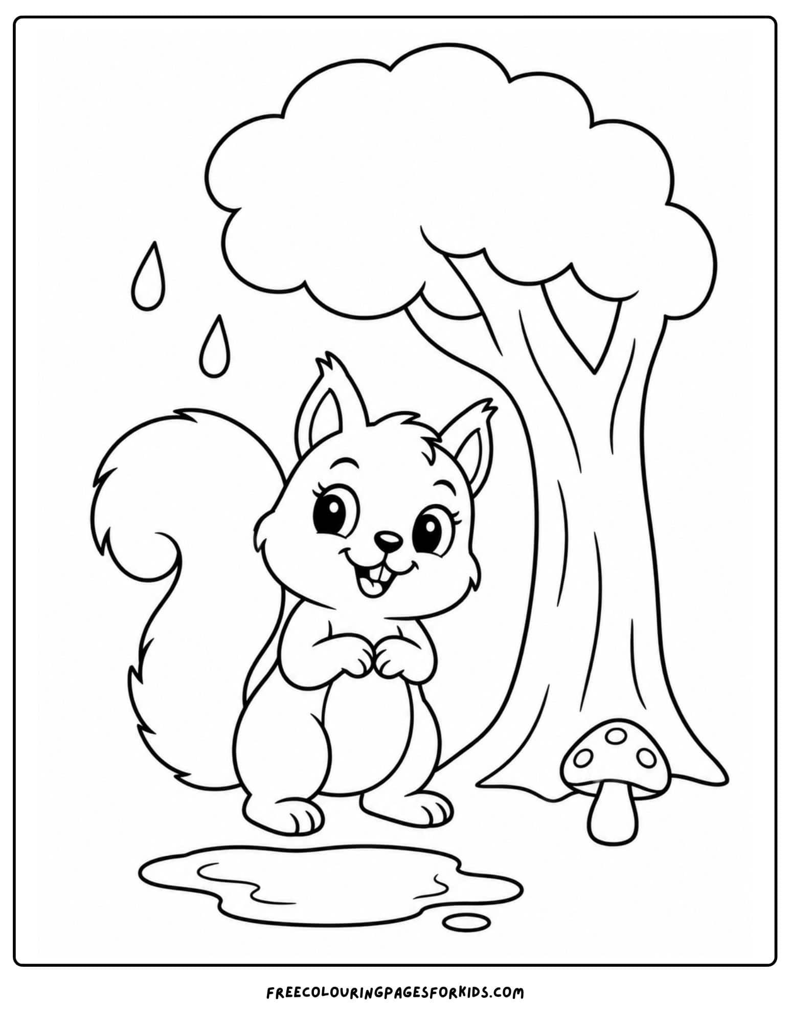 a coloring page of a squirrel sheltering under a tree while it rains