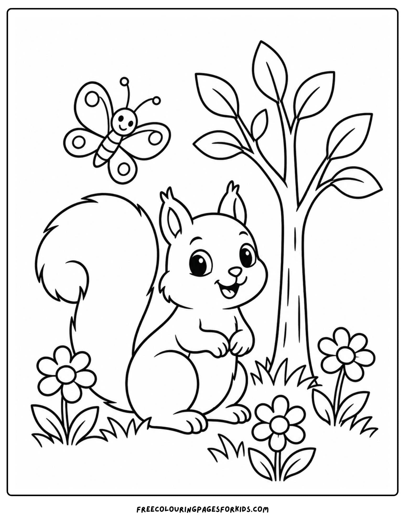 a coloring page of a squirrel in a spring meadow