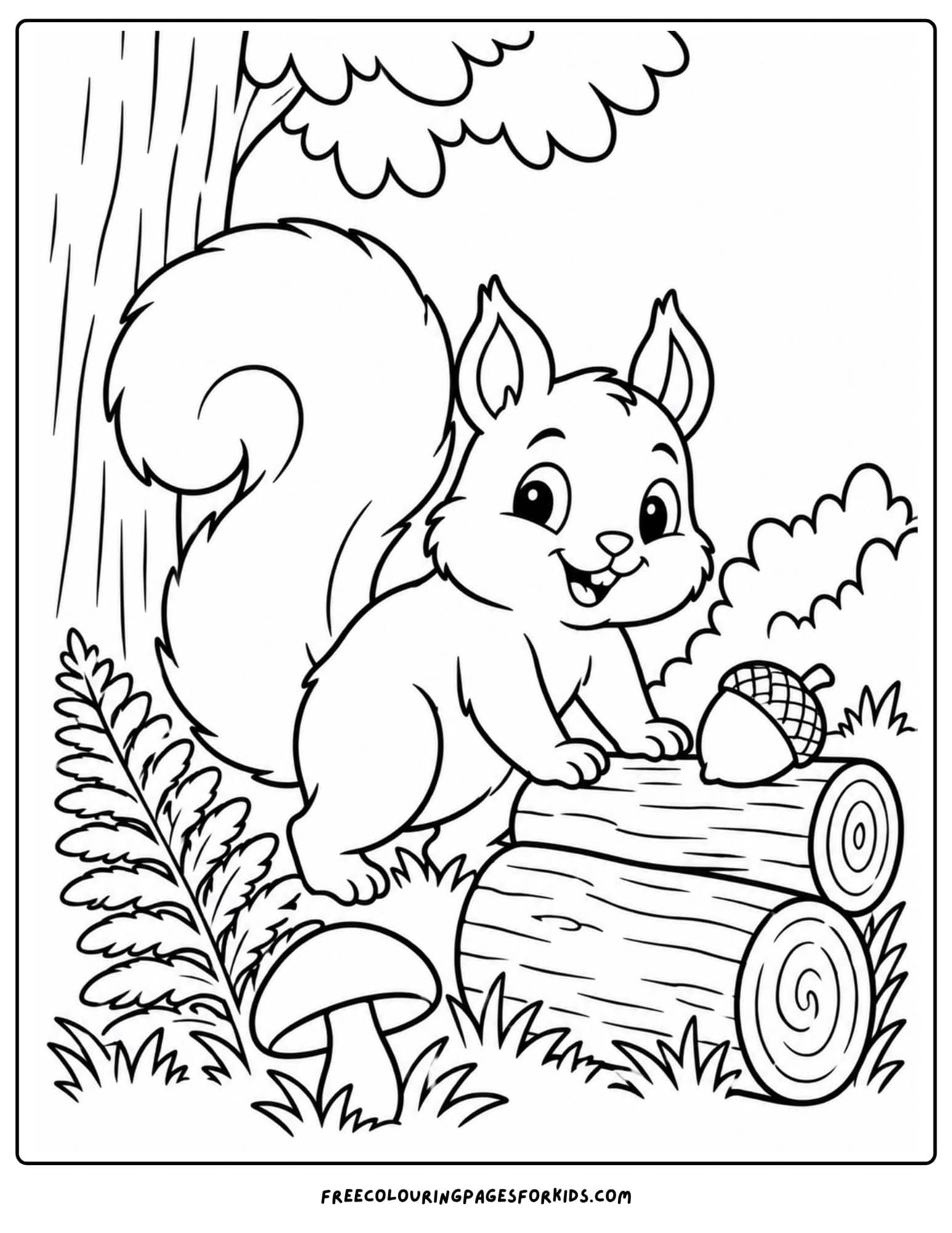 a coloring page of a squirrel on a stack on logs