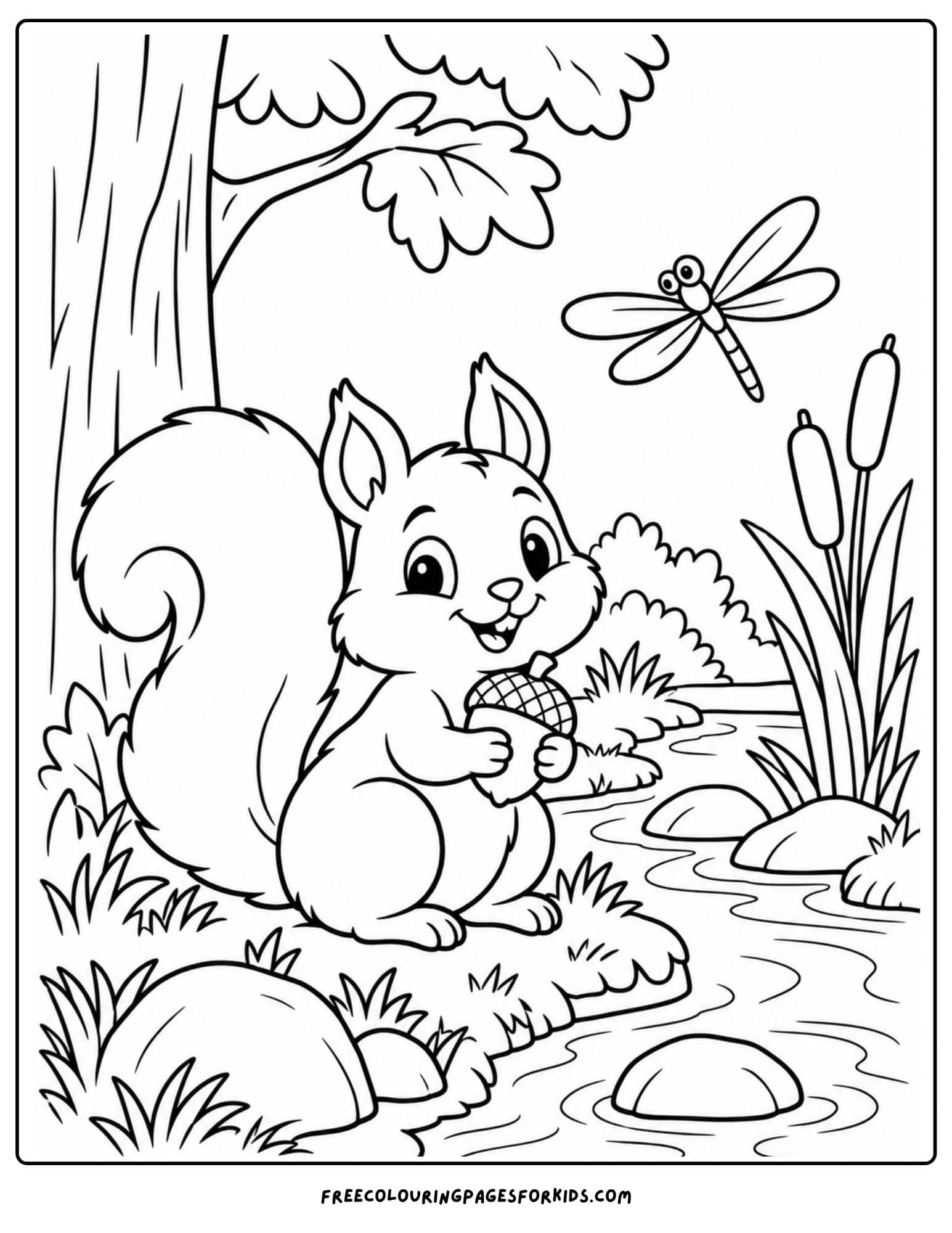 a coloring page of a squirrel beside a stream with a tree and dragonfly above
