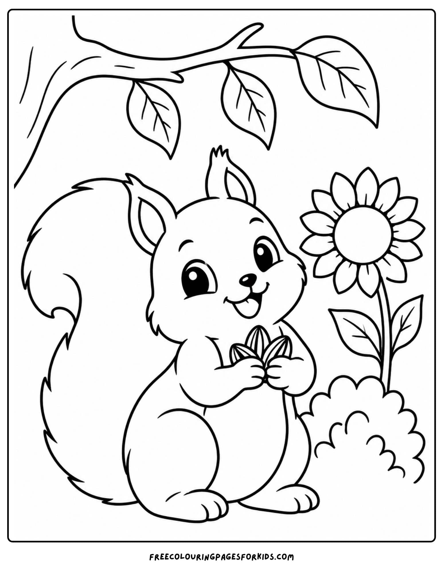 a coloring page of a squirrel holding a bunch of sunflower seeds
