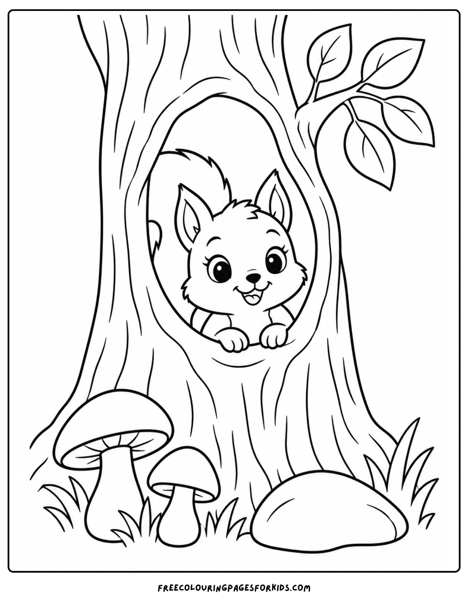 a coloring page of a squirrel poking its head out of a hollow in a tree