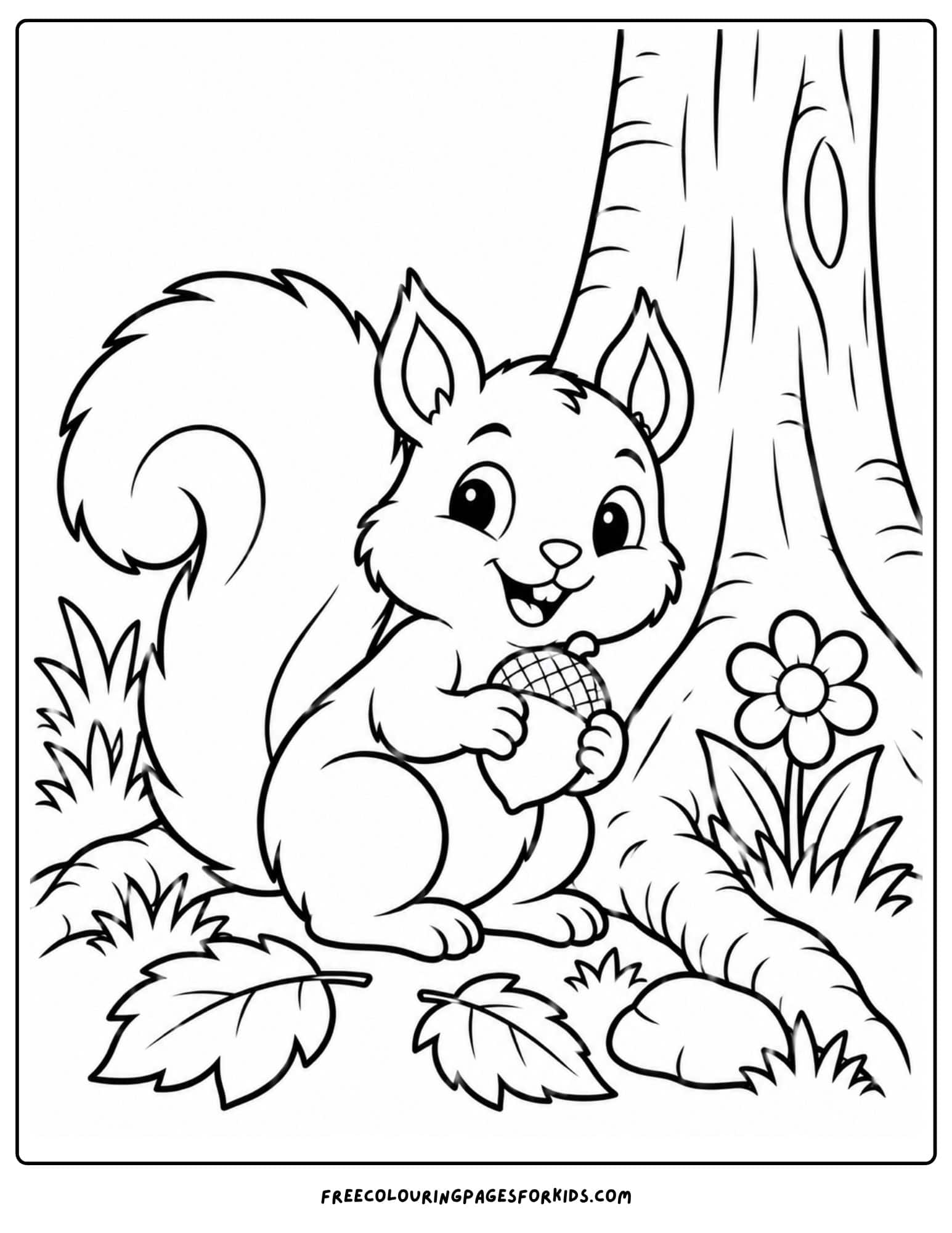 a coloring page of a squirrel holding an acorn at the base of a tree