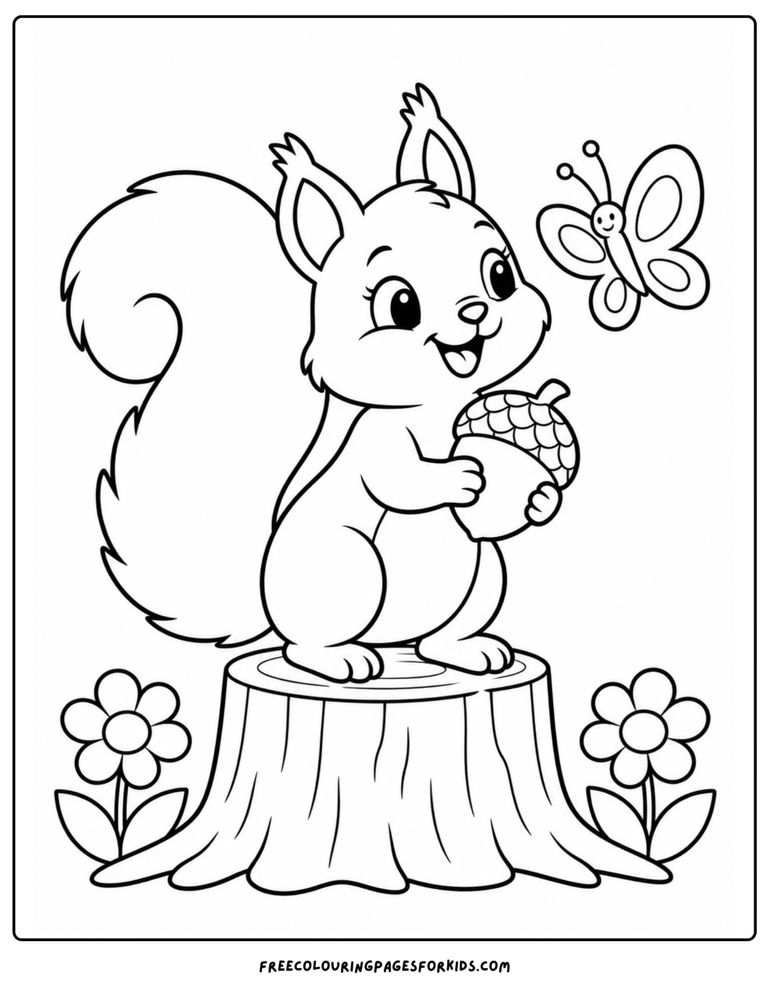 a coloring page of a squirrel holding an acorn and looking at a butterfly while standing on a tree stump