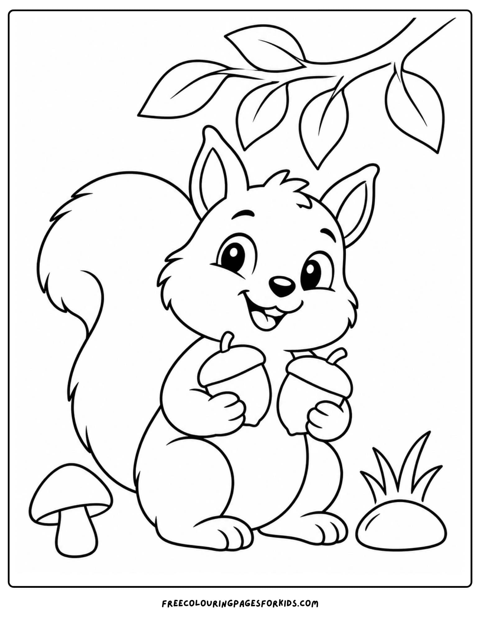 a coloring page of a squirrel holding 2 acorns