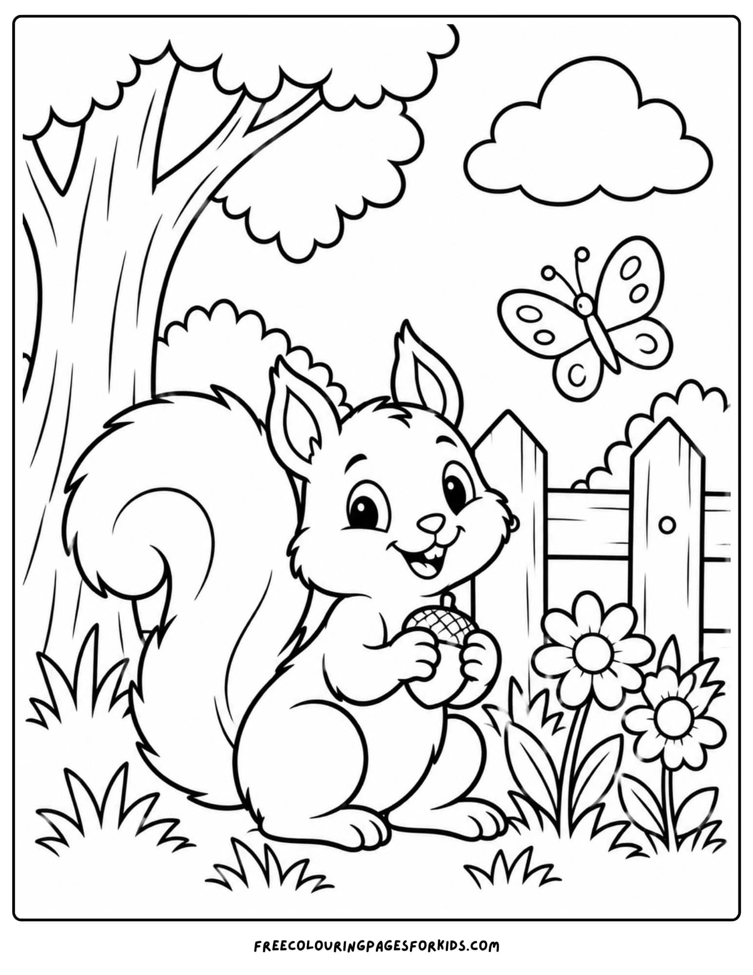 a coloring page of a squirrel beside a wooden fence and flowers