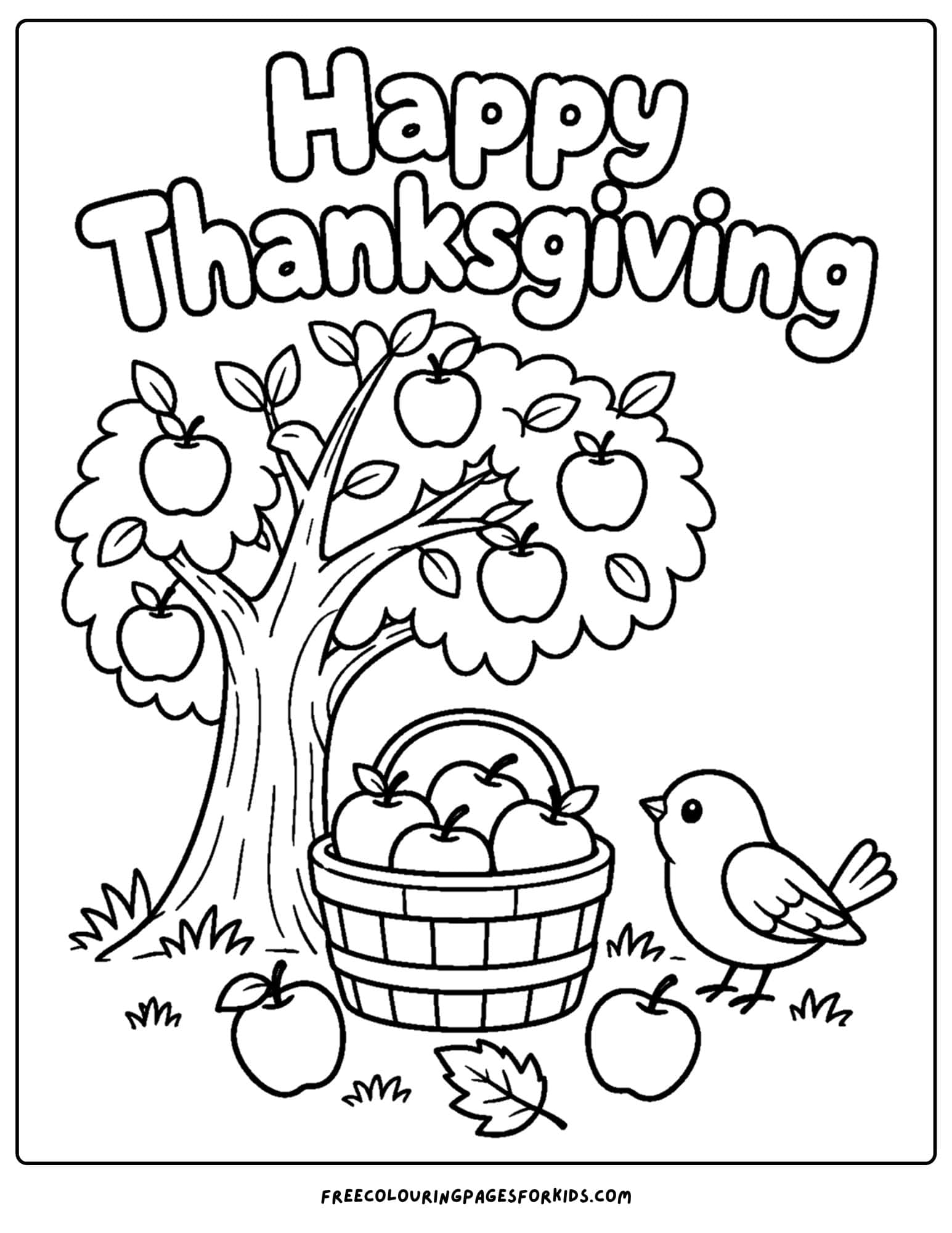 a coloring page for thanksgiving showing an apple tree full of apples