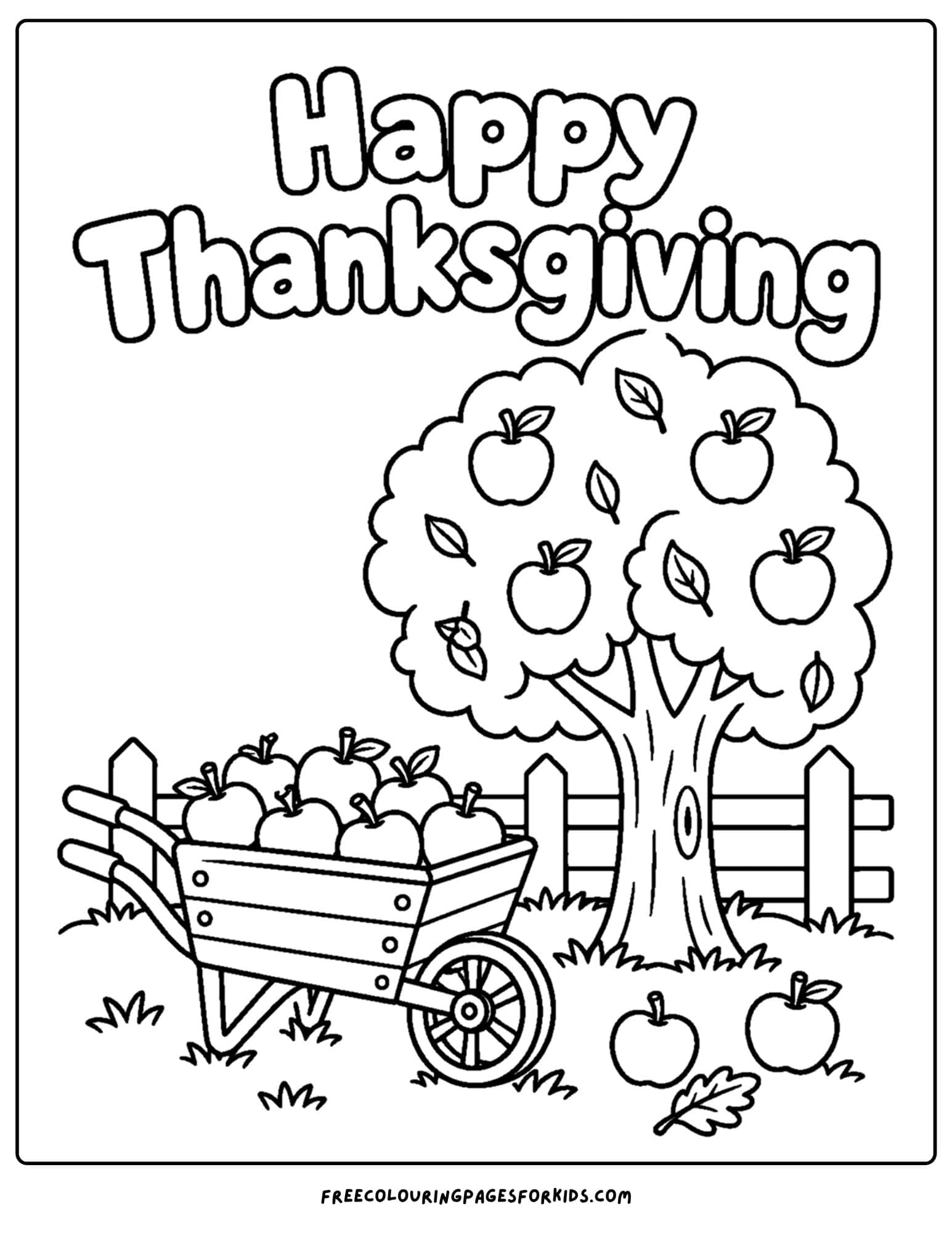 a coloring page for thanksgiving showing an apple tree with a wheelbarrow full of apples