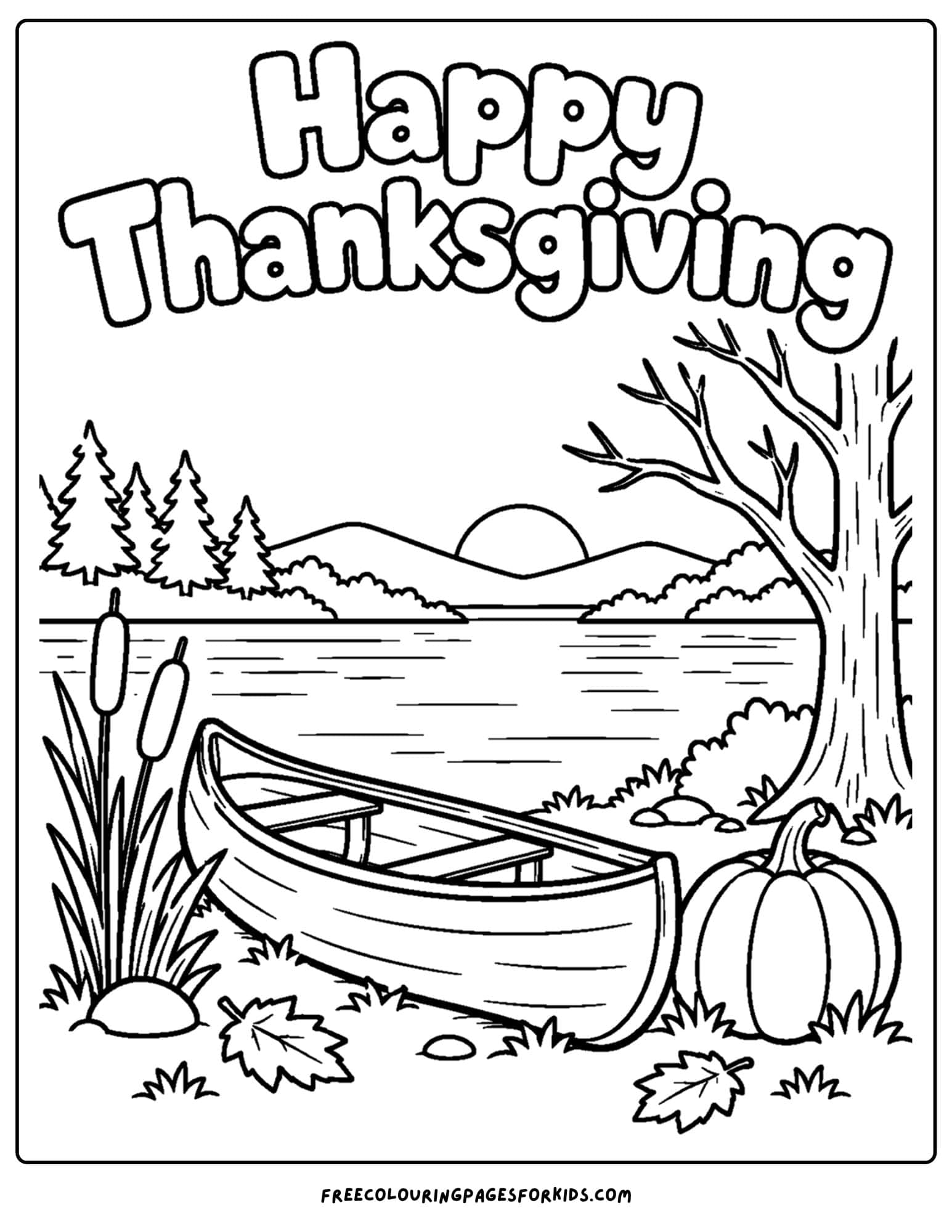 a coloring page for thanksgiving showing a sunset view over a lake with a canoe on the waters edge