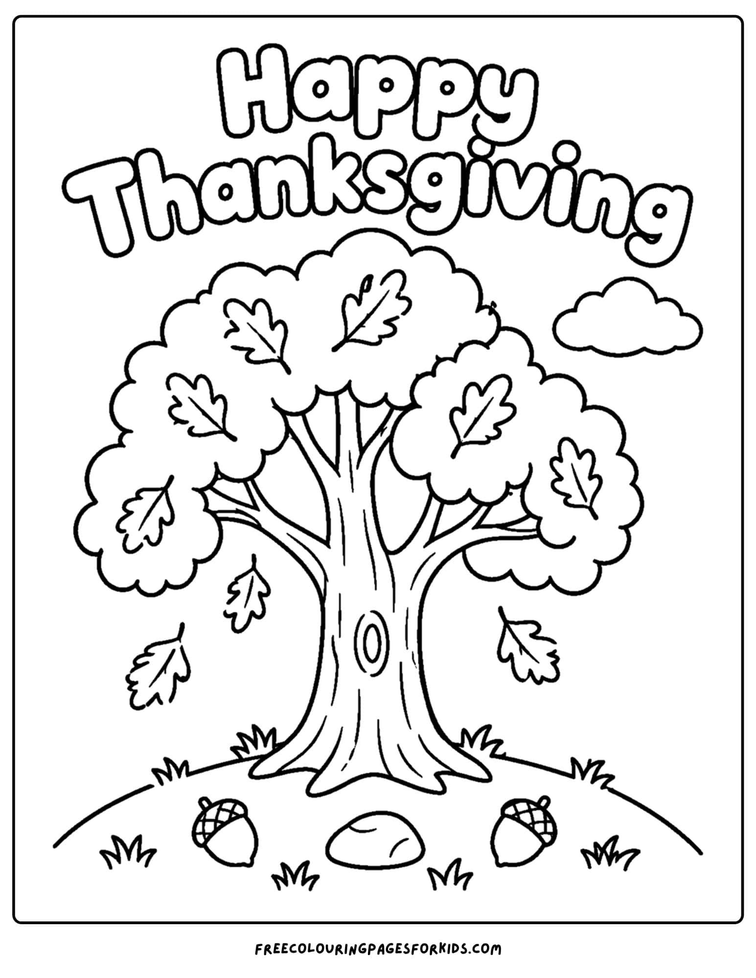 a coloring page for thanksgiving showing a big oak tree with leaves falling to the ground