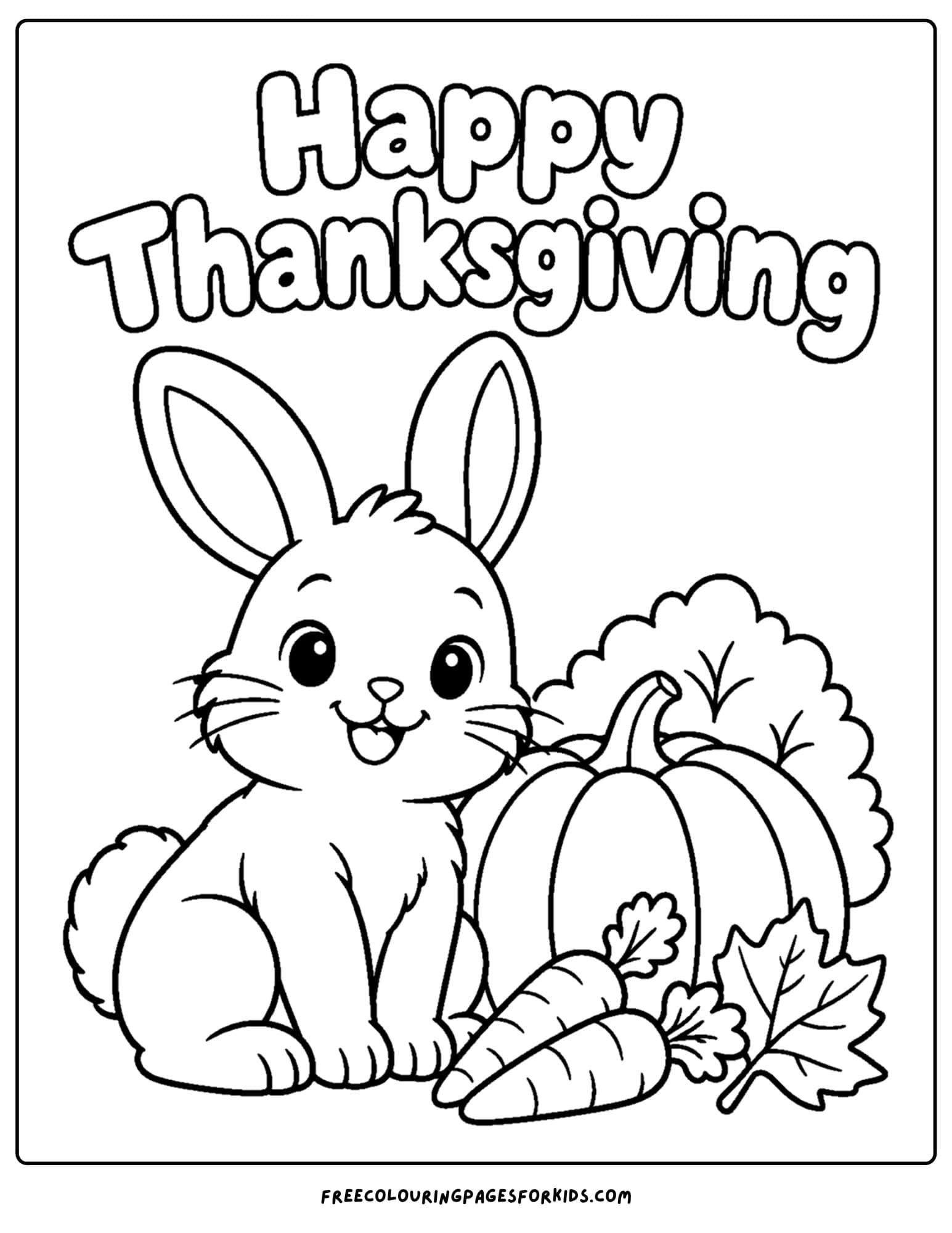 a coloring page for thanksgiving showing a bunny with a carrot and pumpkin