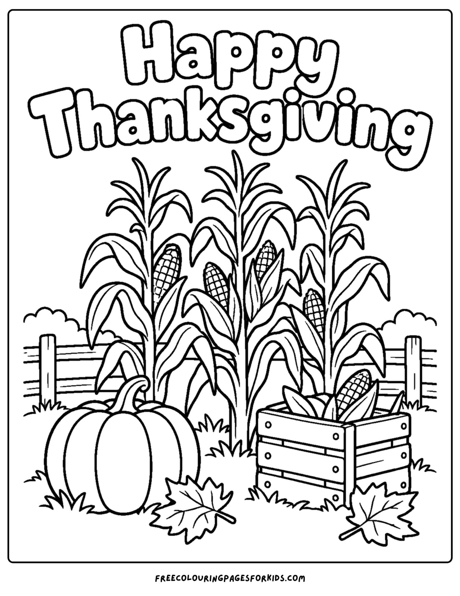 a coloring page for thanksgiving showing corn stalks, a pumpkin and crate beside a fence