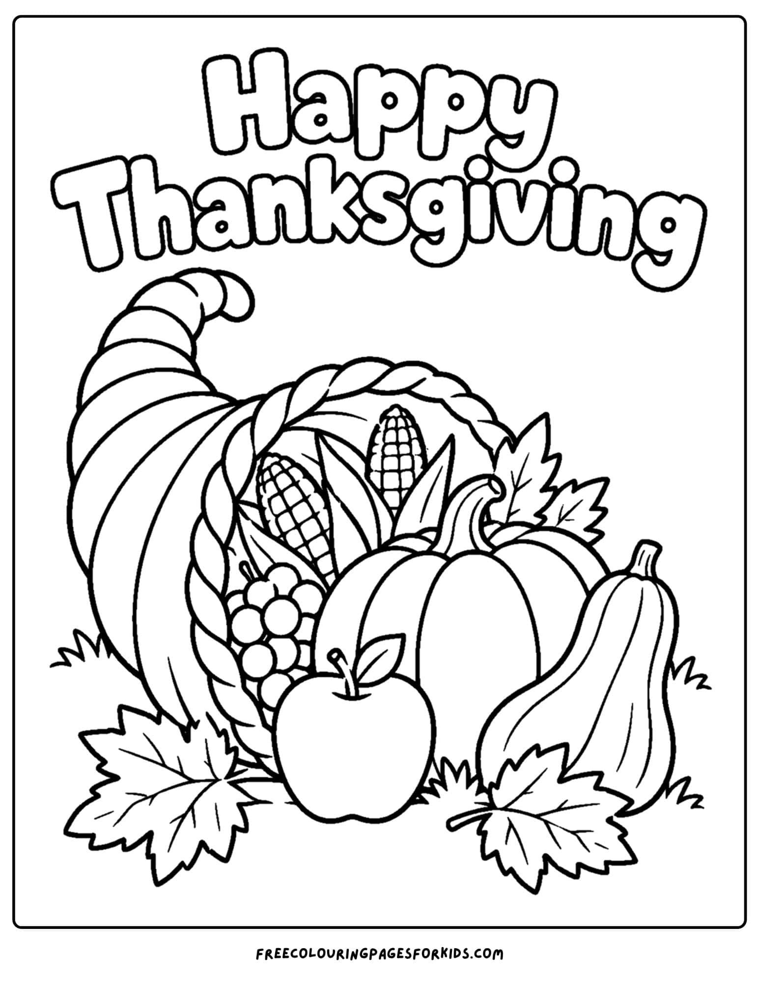 a coloring page for thanksgiving showing a cornucopia harvest