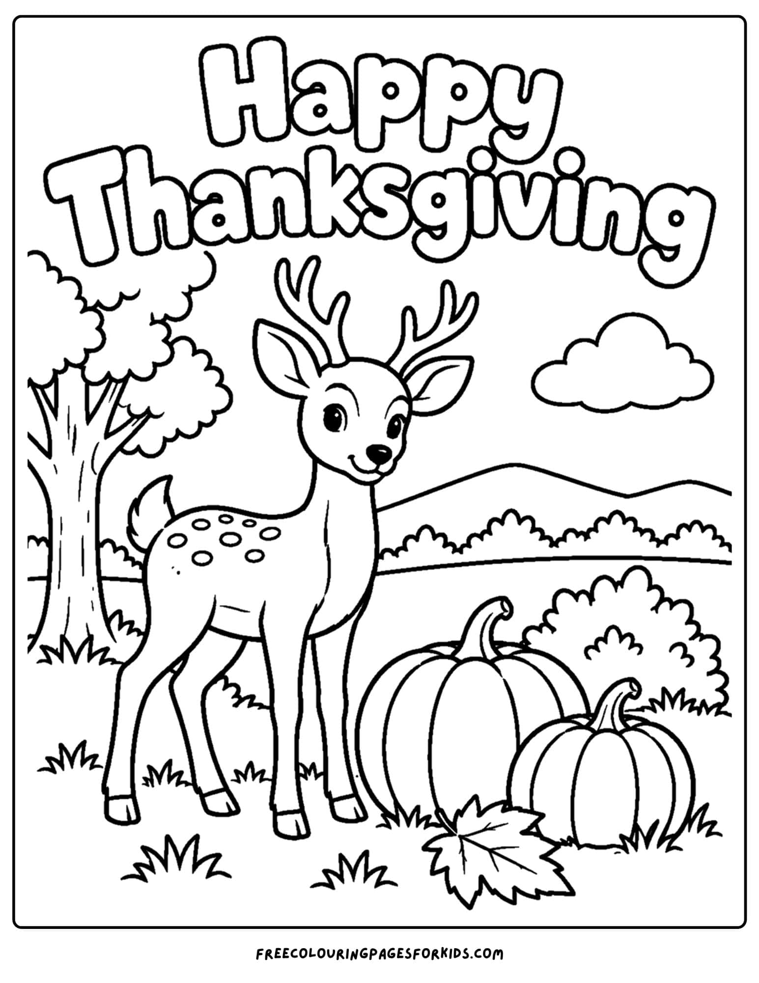 a coloring page for thanksgiving showing a deer in a meadow with some pumpkins