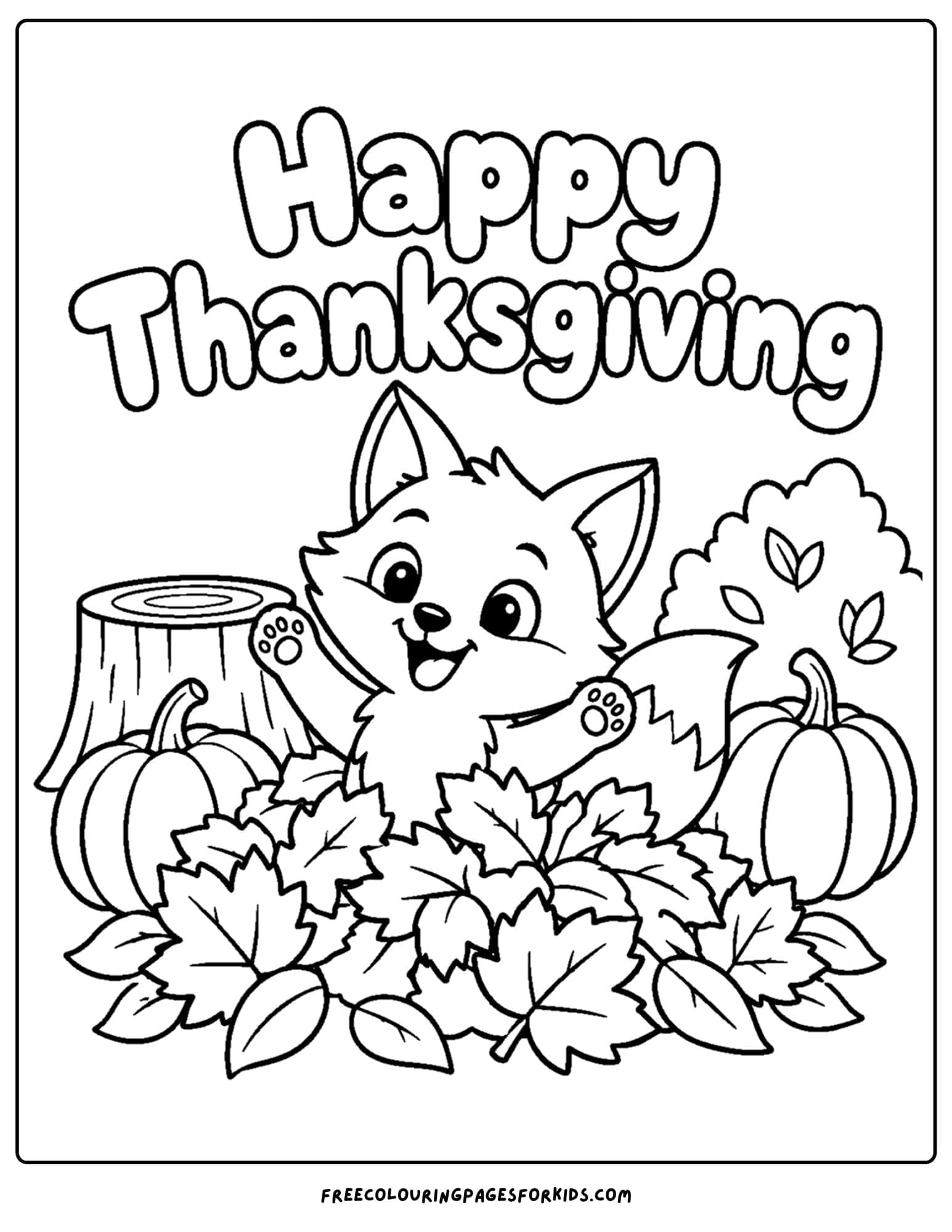 a coloring page for thanksgiving showing a fox in a pile of leaves
