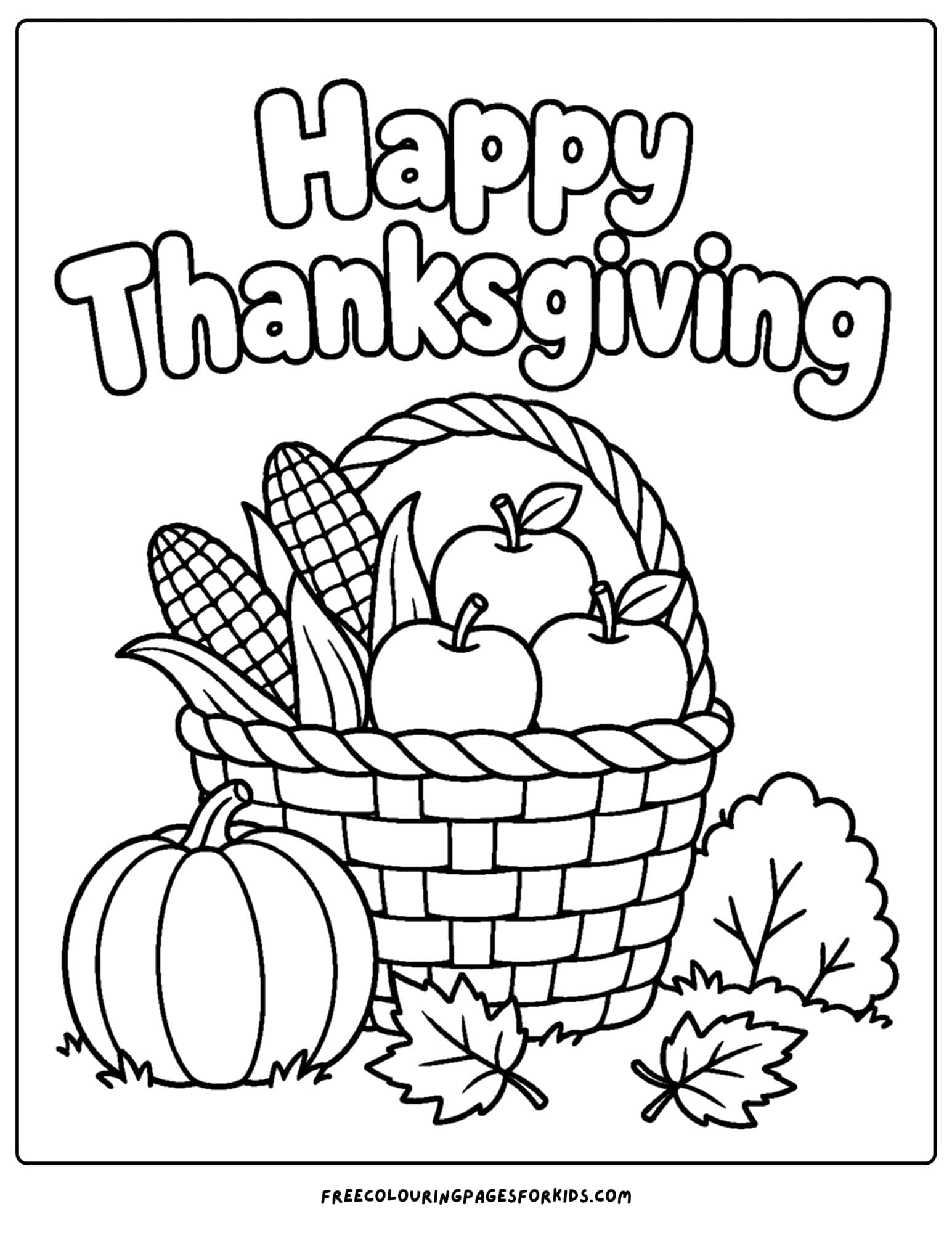 a coloring page for thanksgiving showing a basket of harvest items