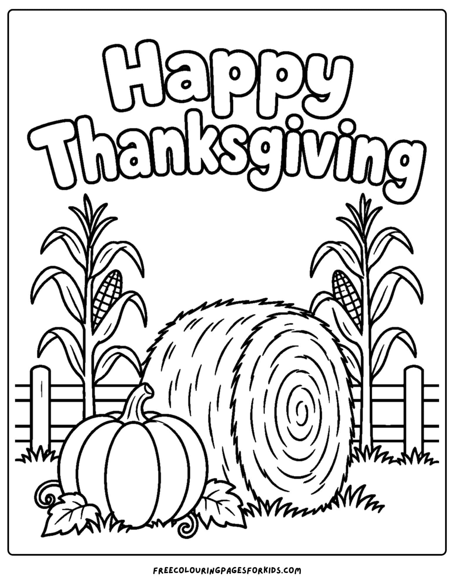 a coloring page for thanksgiving showing a hay bale, pumpkin and corn stalks beside a fence