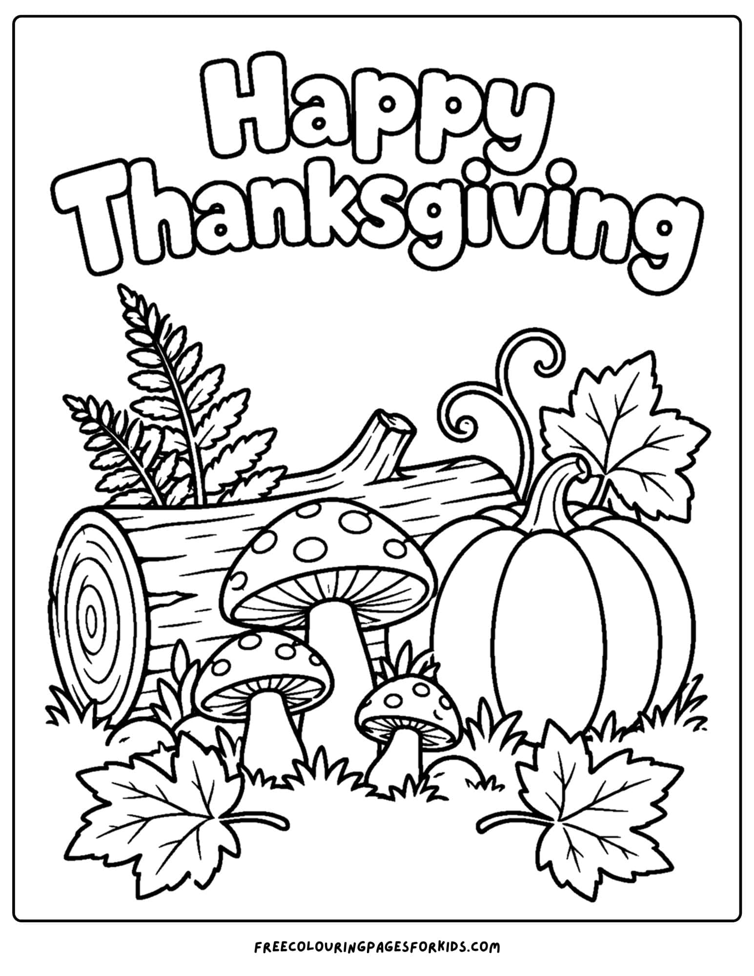 a coloring page for thanksgiving showing mushrooms, a pumpkin and leaves beside a fallen log