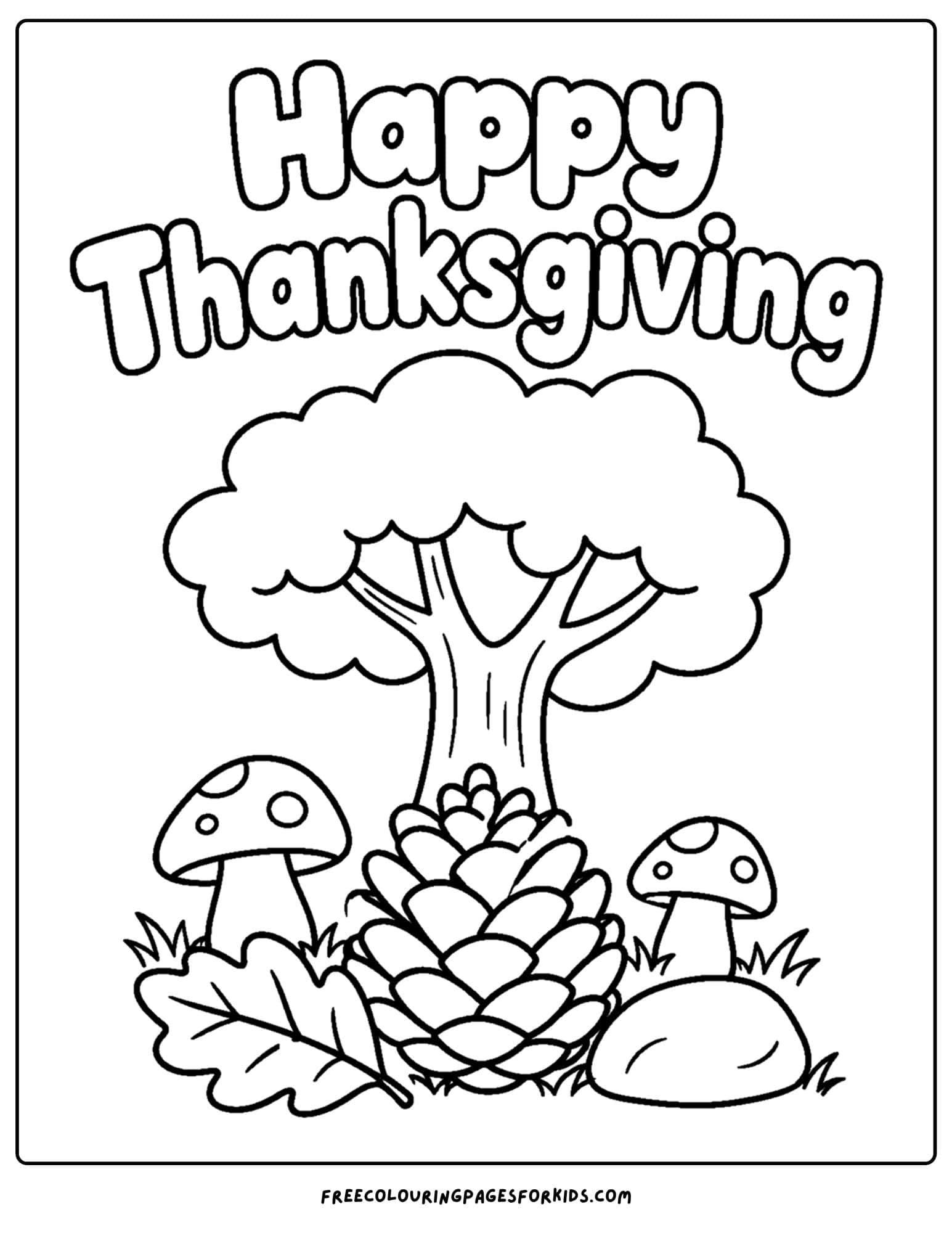 a coloring page for thanksgiving showing a tree with a pine cone and mushrooms at its base